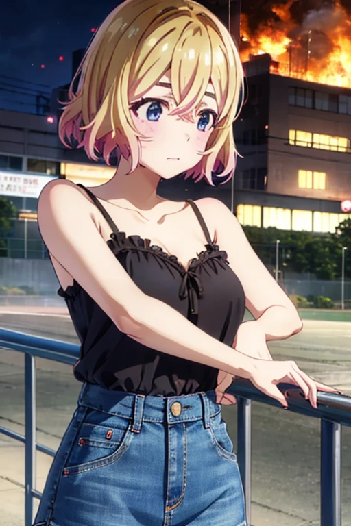 Mami Nanami,holding hundgun、at night、fence、1 girl、 cleavage、Black Camisole blouse、sexy blue denim skirt、Turn around and show your butt、Infiltrate a military base、Military base exploding in flames、The building is on fire