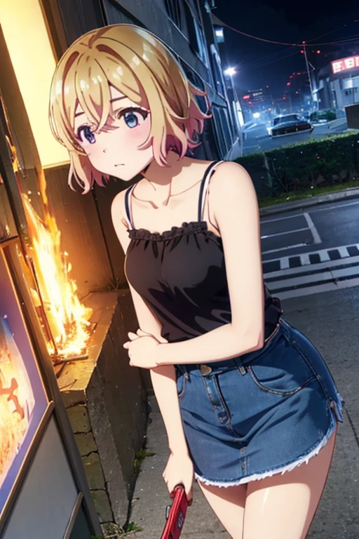 Mami Nanami,holding hundgun、at night、fence、1 girl、 cleavage、Black Camisole blouse、sexy blue denim skirt、Turn around and show your butt、Infiltrate a military base、Military base exploding in flames、The building is on fire