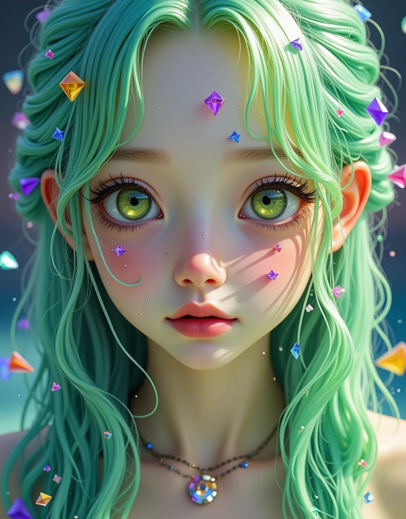 Broken Dreams ，Surreal graphics， A girl with long light green hair and exquisite facial features，Pale green eyeballs， The foreground is a real broken lens ， Full screen distribution ， Super shiny reflecting all kinds of fantasy optical fibers ，Dreamlike， Ultra HD Quality， Shining diamonds on her face ，Tears，A fearless expression，movie quality