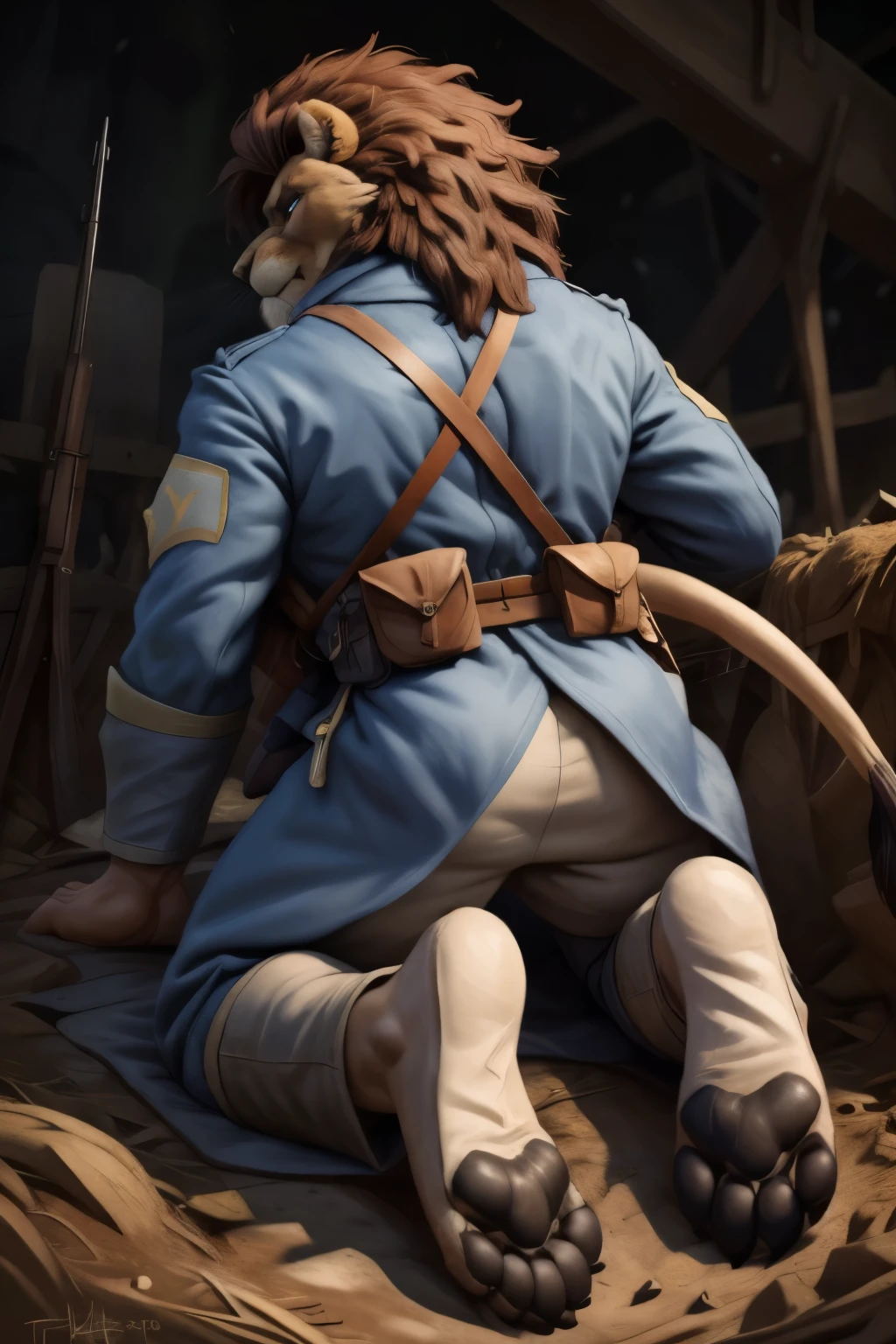 (ultra quality):1.4, color, smooth comics style, (by takemoto arashi, by meesh, by Taran Fiddler), solo:1, (defeat)) ((blackfeetsoles)) ((black feetsoles)) ((knockout face)) did a lion in the french soldier uniform without shoes, ((Pants pulled down to the knees)) He is dead in the trench, lying on the back, closed eyes, tonque stuck out of the mounth, defeated on the floor after a fight, exhausted, closed eyes, tonque out of the mounth , ((paw focus)) . Battlefield (uniform french world war 1)) ((world war 1)) ((ww1)) ((white legs)) ((black pawpads)) (four toes) 4toes, 5finger ((lion)) (feral feet) (additional paws from hidden characters that you can't see) ((lion tail))