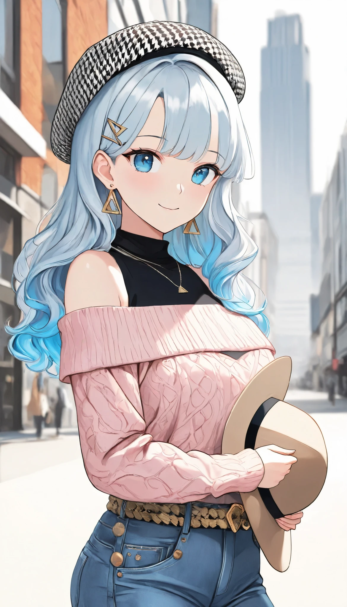 masterpiece, best quality, 8k, highres, ultra-detailed,HDR, UHD, professional,pop art,illustration, best quality, 1girl,long hair, blue hair, gradient hair, wavy hair, blue eyes, houndstooth beret, off-shoulder sweater, pink top, black undershirt, denim jeans, belt with gold buckle, triangle earrings, necklace, hair clip, holding hat, gentle smile, modern fashion, urban background, blurred building, soft lighting, casual style, autumn vibes