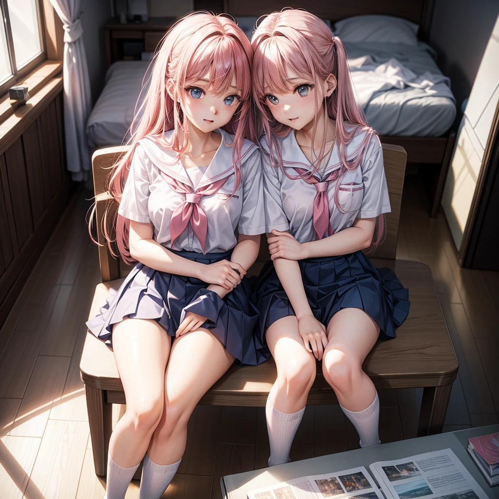 ((jk, 2girls)), (ite kawaii, bishojo), (ahegao), (round eyes), ((masterpiece)), (best quality), (ultra detailed), ((highres)), (exquisite), (depth), (high standard), (beautiful and aesthetic), (super detailed skin), (perfect anatomy), (full body), (blush), (sun, school uniform), (bare foot), (big bow in hair), (lipstick), (own room), ((closed eyes, kiss))