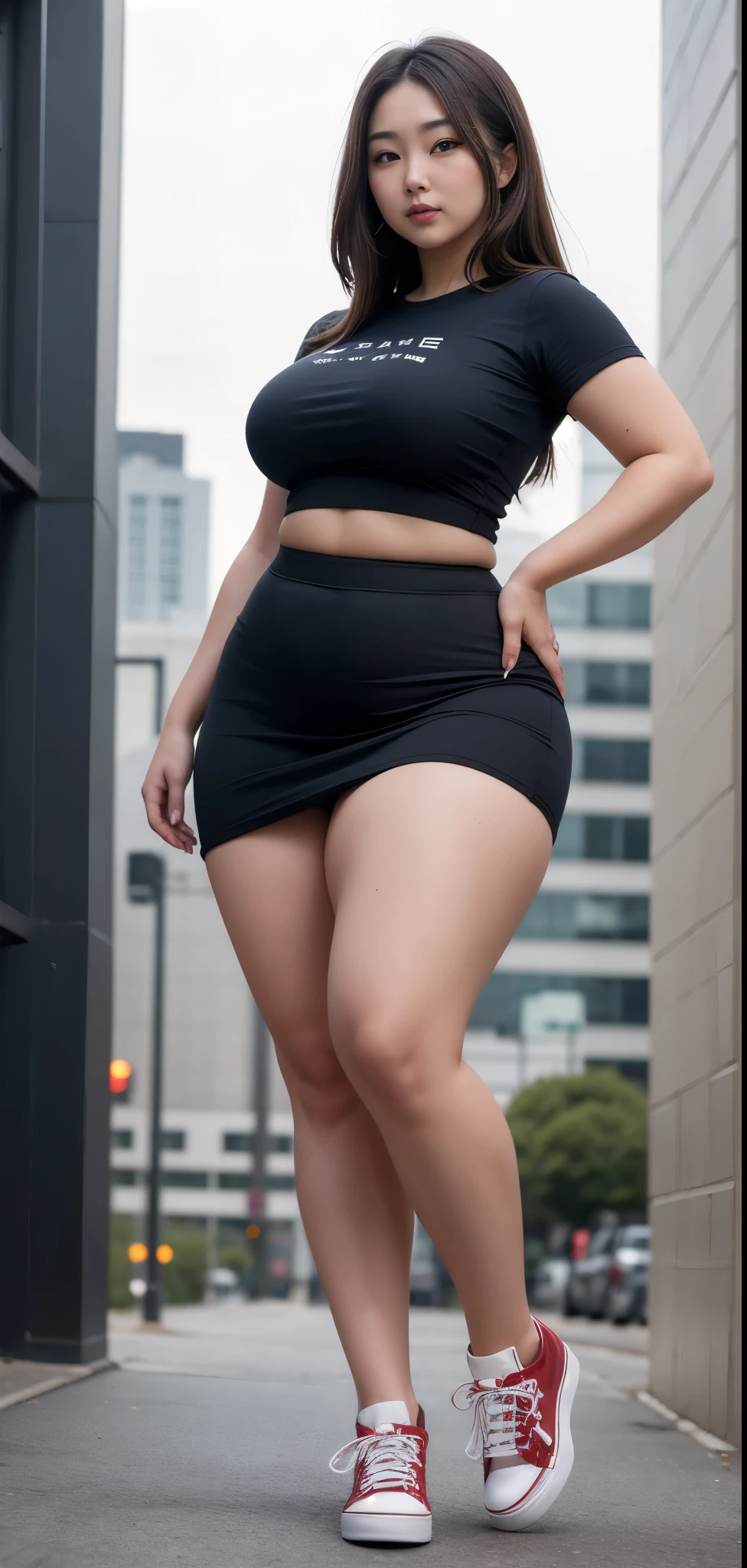 best quality, masterpiece, Weight 120 kg, extreme obesity, severe abdominal obesity, severe visceral obesity, Belly fat is prominent, severe abdominal obesity, mini skirt, high heel, ssbbw, fat body type