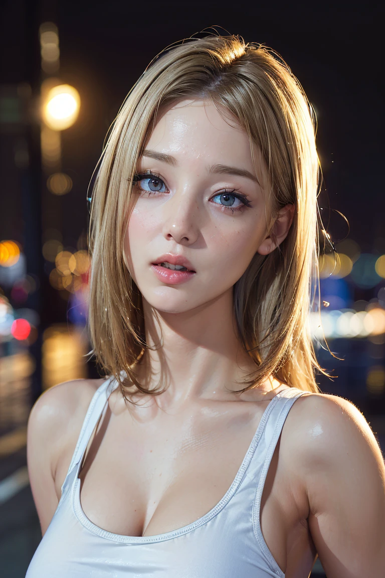 (( best quality, 8k, masterpiece: 1.3)), whole body,  using a vibrator : 1.2, EXCELLENT BEAUTY : 1.4,  slim abs : 1.2, (((blonde, big: 1.2)), Tank top dress: 1.1, (Night City, street: 1.1),  highly detailed face and skin textures,  detail eyes,  Double Eyelids 