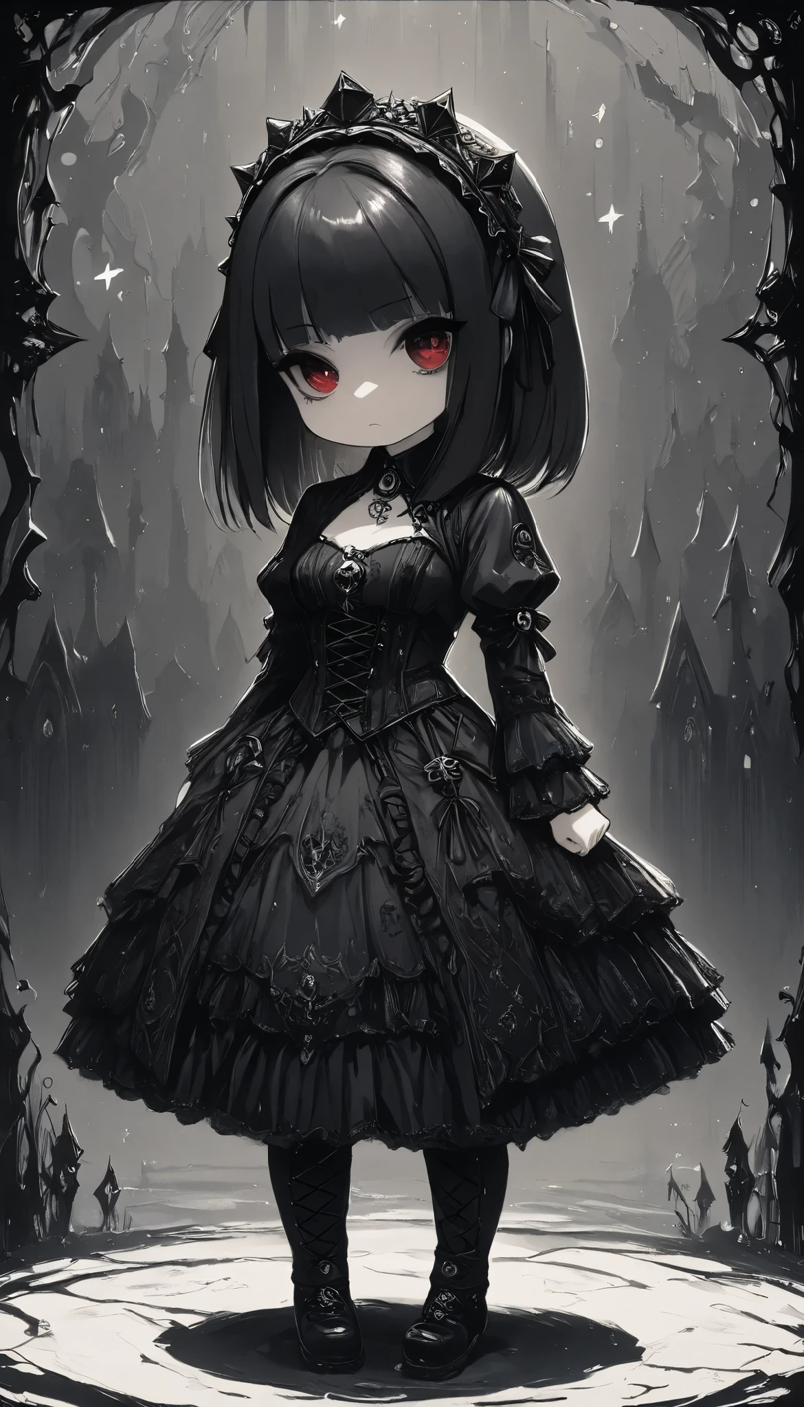 masterpiece, best quality, 8k, highres, ultra-detailed,HDR, UHD, professional,

illustration, best quality, 1girl, drkgirl,chibi,darkgothic,monochrome style, star motifs, abstract background, stylish design,