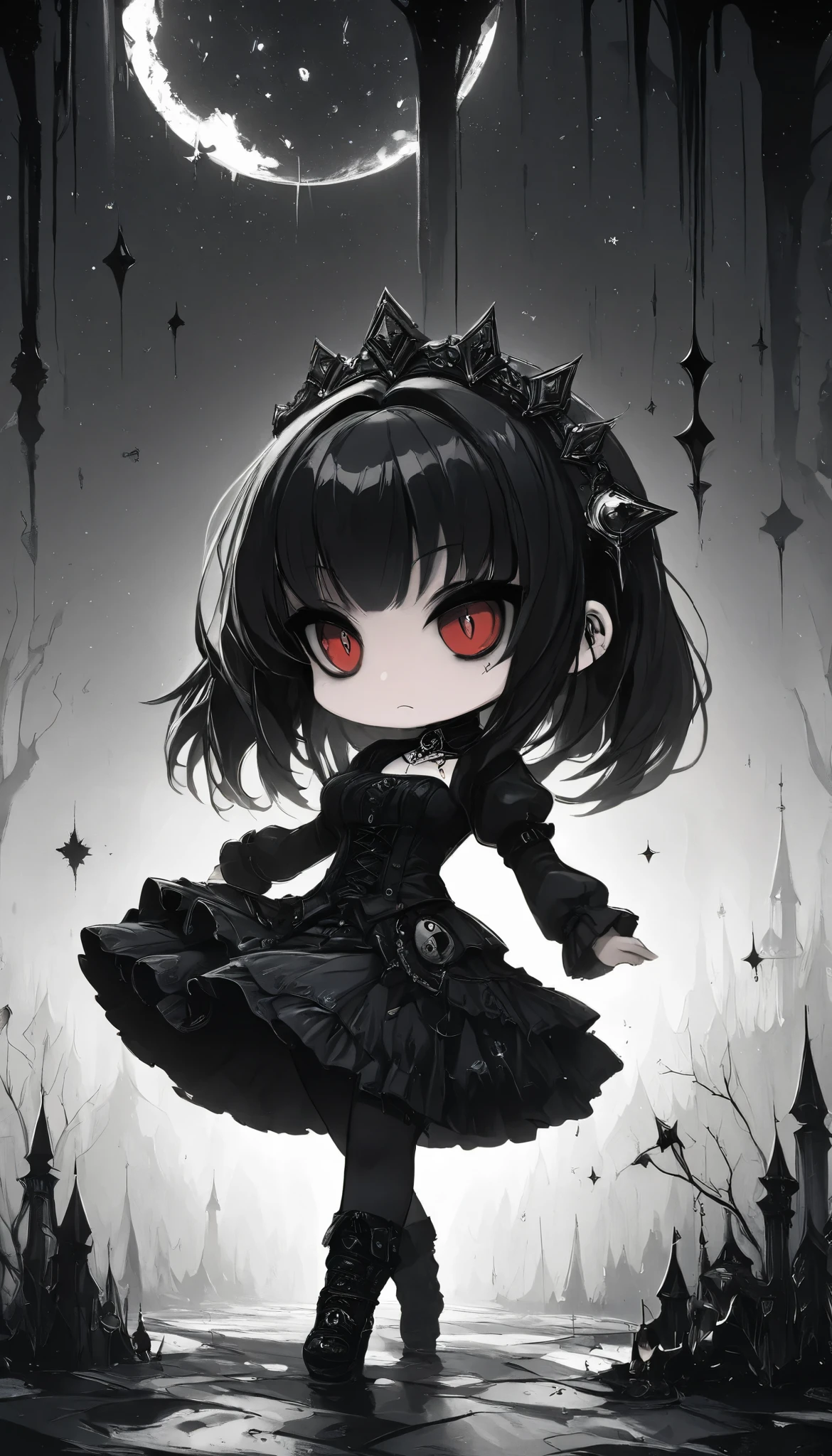 masterpiece, best quality, 8k, highres, ultra-detailed,HDR, UHD, professional,

illustration, best quality, 1girl, drkgirl,chibi,darkgothic,monochrome style, star motifs, abstract background, stylish design,