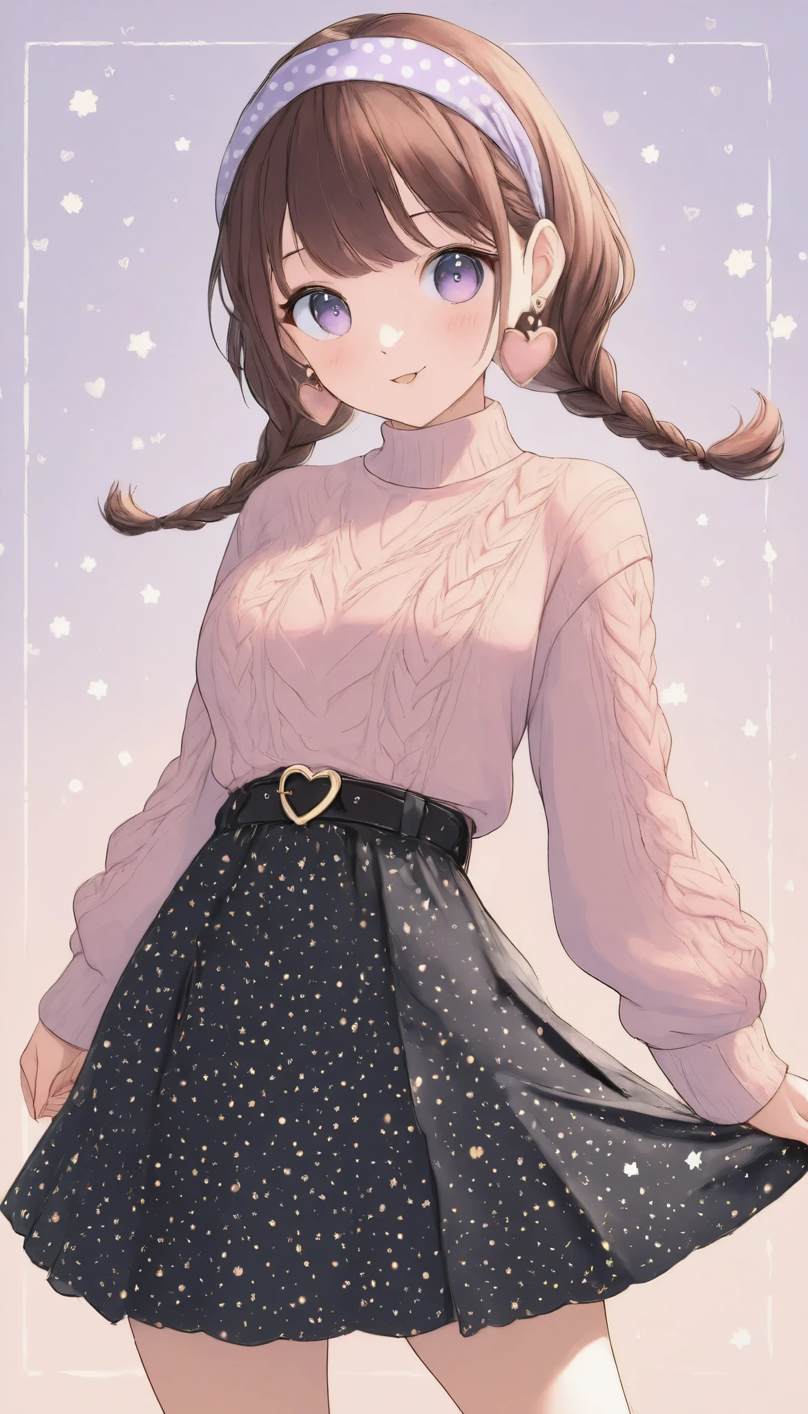 masterpiece, best quality, 8k, highres, ultra-detailed,HDR, UHD, professional,pastel,
Low Fidelity (lofi) art style,
pastel pink and purple tones,
soft orange,illustration, best quality, 1girl, brown hair, braided hair, twin braids, bangs, polka dot headband, black outfit, heart earrings, heart motifs, sweater with laces, patterned skirt, belt with heart buckle, monochrome style, yellow accents, playful expression, star motifs, abstract background, grid pattern, stylish design,

