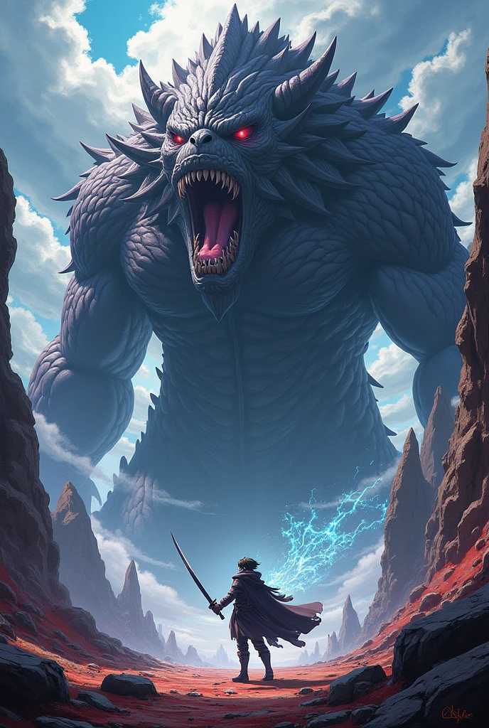 A very detailed painting, ice world, Depicts a man have a weapon on a hill gazing at a giant alien monster lightning rain breath, author:Shinkai Makoto, By Art Jem, From Wlop, author:Greg Rutkowski, Volumetric Lighting, Octane Rendering, 8K resolution, Popular on artstation, masterpiece ,flame magic
