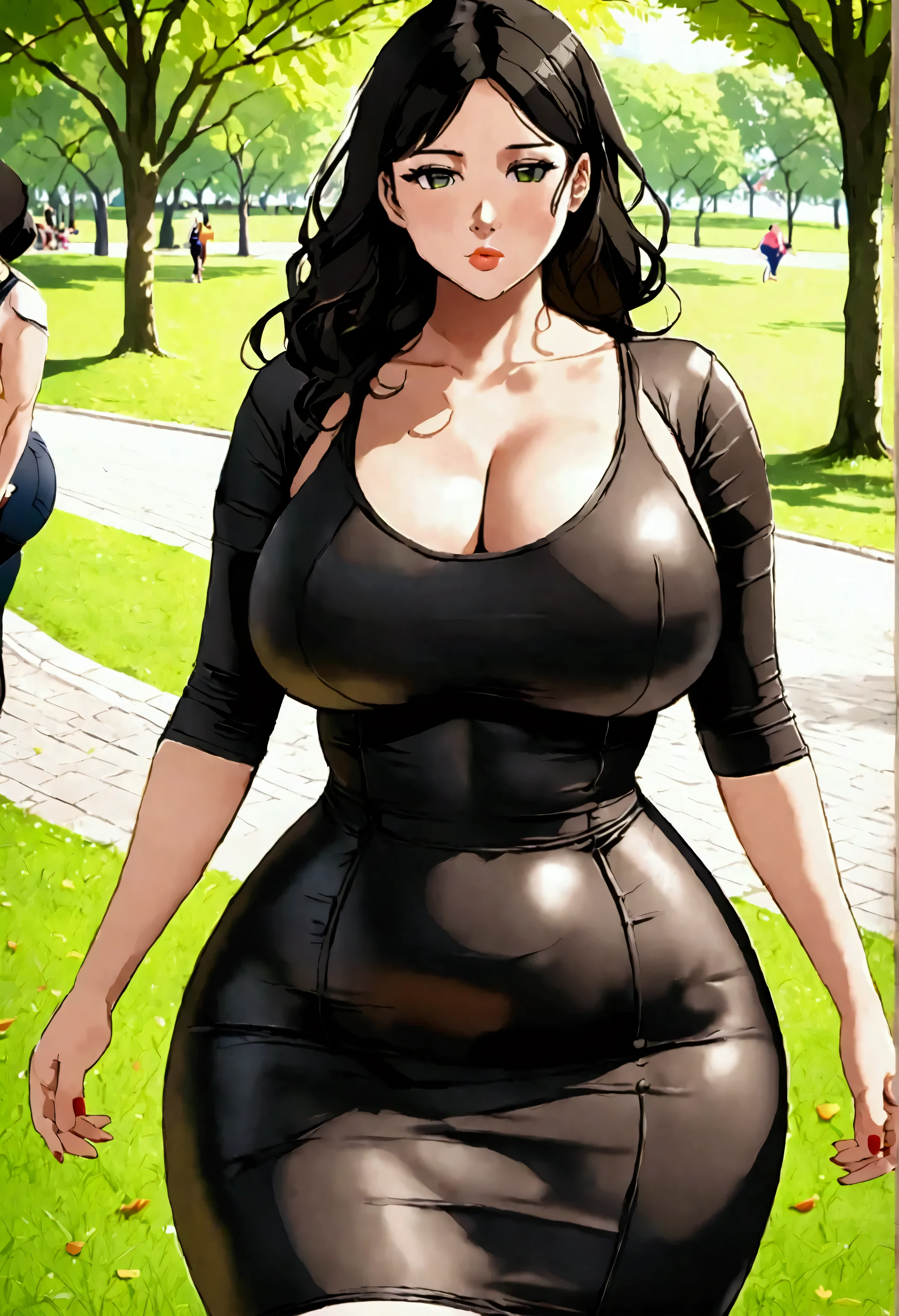 Tight dress, curvy figure, large breast, nipple imprint, at the park