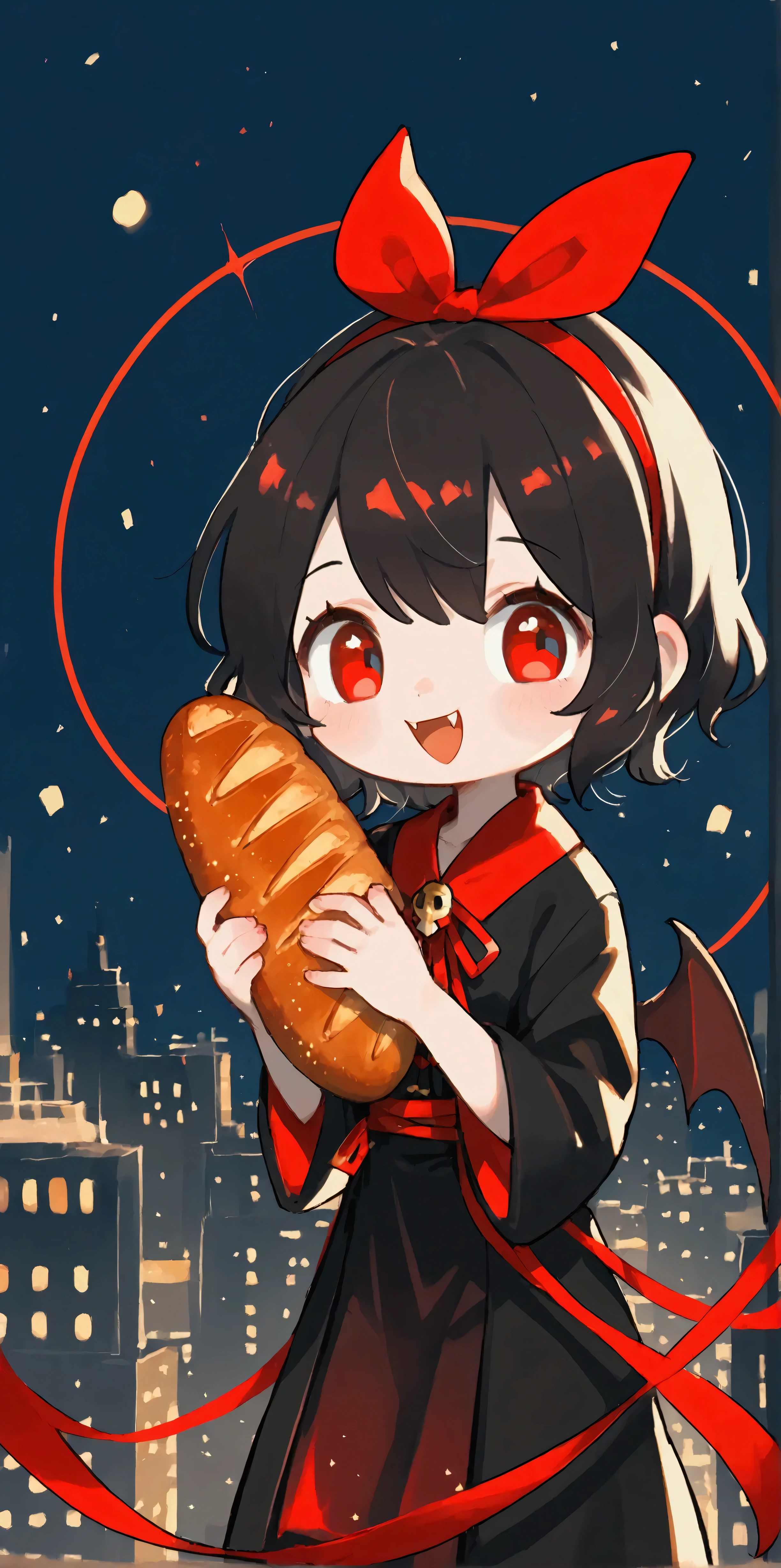 1girl\(vicomte,chibi,cute, vampire,vampire wings, red eyes,open mouth, sharp vampire fangs, black short hair, long elven ears, cute (((red ribbon))) headband, (evil smile), big eyes, black short robe\(with beautiful (gold embroidery)\), hugging beautiful big (1bread:1.3) \),cute pose, at (edge of skyscraper:1.3)\(Landmark 81,Vietnam\),(looking away:1.3),black short dress\). the beautiful night view of (Vietnam city).landscape.longshot., score_9, score_8_up, score_7_up, score_6_up, score_5_up, score_4_up,source_anime, source_furry,rating_safe,