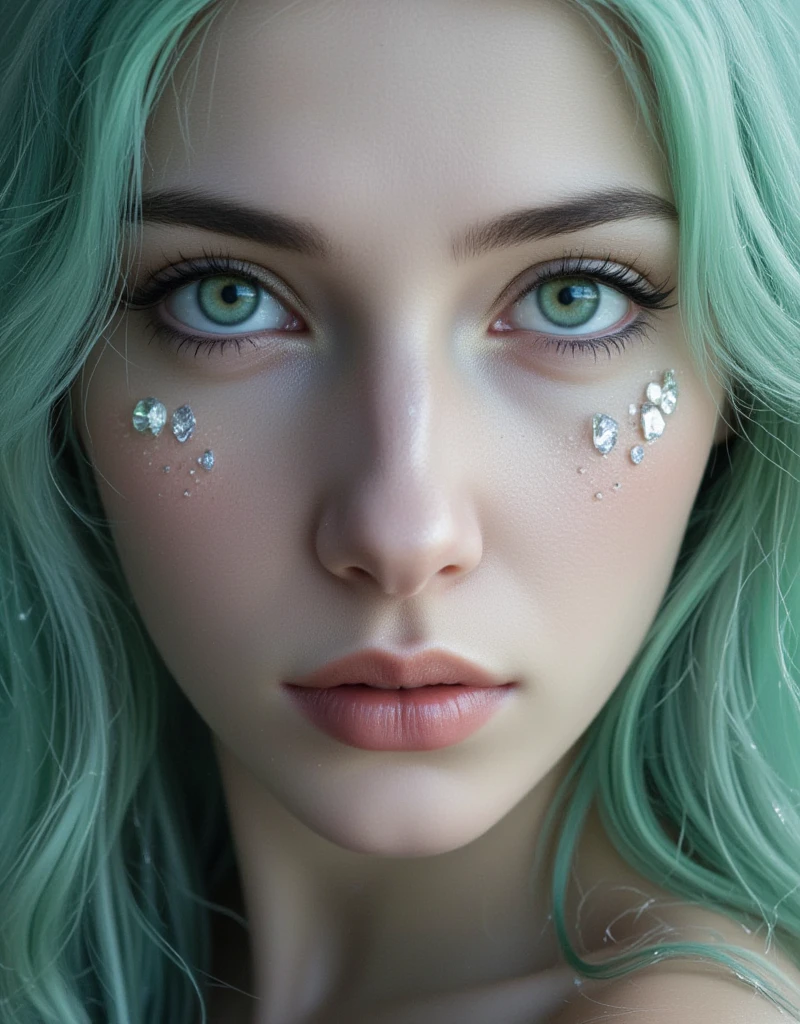 Broken Dreams ，Surreal graphics， A girl with long light green hair and exquisite facial features，Pale green eyeballs， The foreground is a real broken lens ， Full screen distribution ， Super shiny reflecting all kinds of fantasy optical fibers ，Dreamlike， Ultra HD Quality， Shining diamonds on her face ，Tears，A fearless expression，movie quality