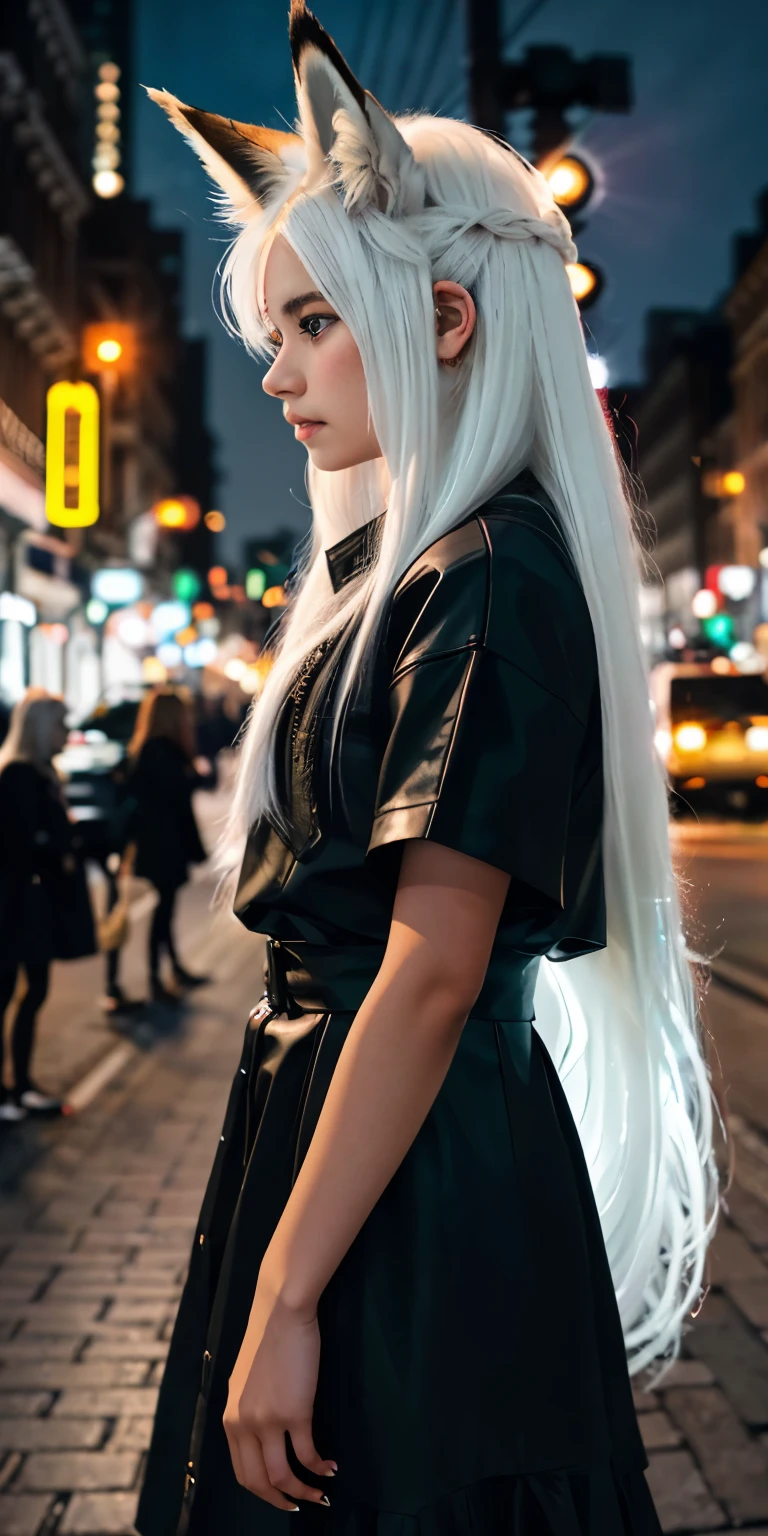 The image shows a girl with long white hair, with ears resembling those of a fox on her head. The girl appears to be standing on a city street at night, with the lights of buildings and traffic signals illuminated in the background. She is wearing modern black clothing and is seen in a side profile, looking towards the camera with a serious or contemplative expression. The colors in the image are characterized by a contrast between the warm city lights and the girl's shiny hair.