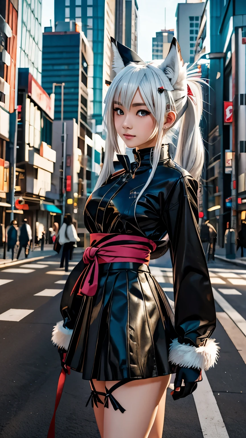 a japanes anime girl with white hair and blackfox ears standing in front of city, skirt, animal ears, twintails, tail, outdoors, black skirt, long hair, long sleeves, animal ear fluff, gloves, abs, building((over-the-shoulder shot:0.77))((bright color grading:0.77))((long exposure:0.77))((adventure:0.77))>