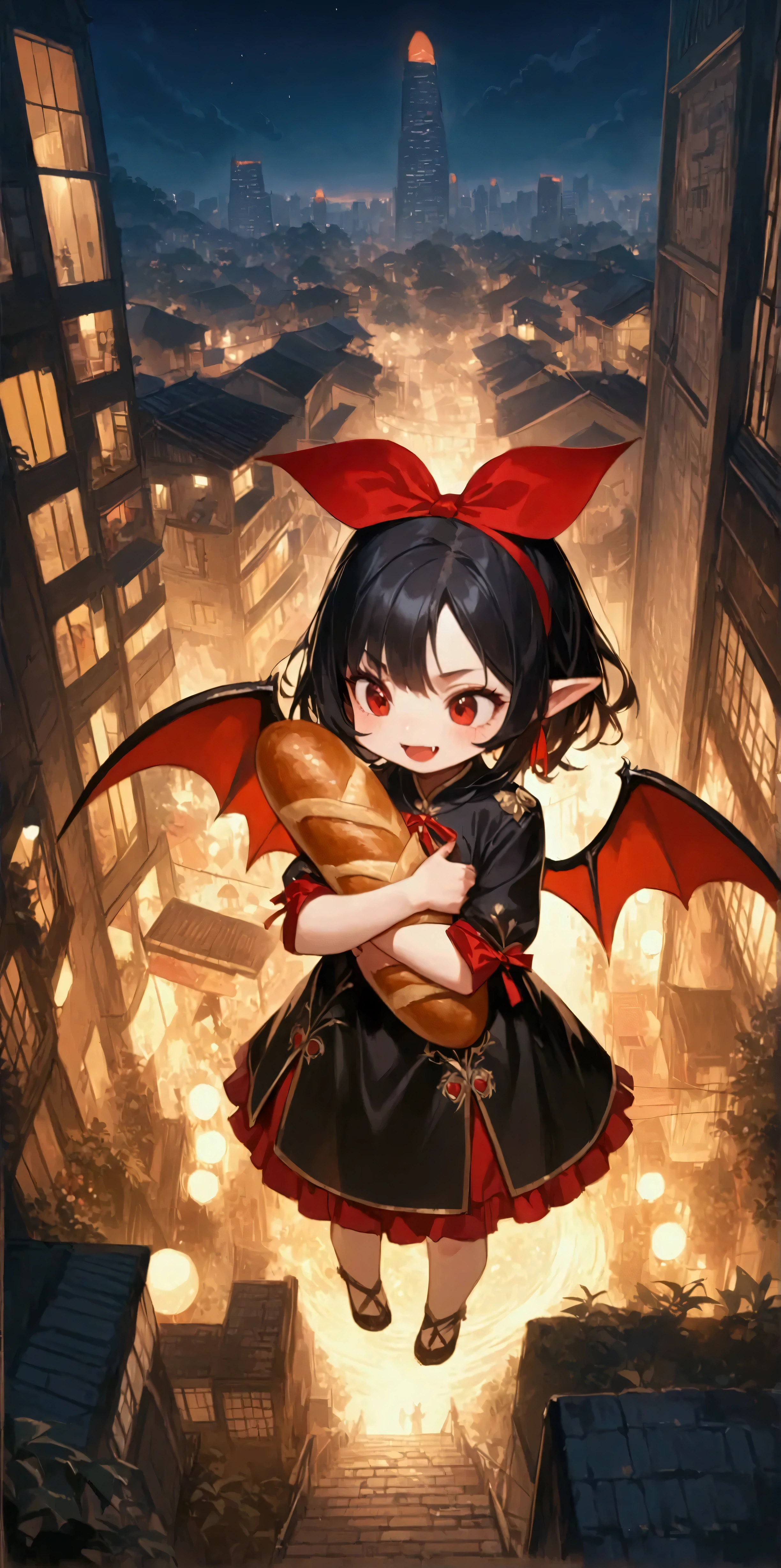 1girl\(vicomte,chibi,cute, vampire,vampire wings, red eyes,open mouth, sharp vampire fangs, black short hair, long elven ears, cute (((red ribbon))) headband, (evil smile), big eyes, black short robe\(with beautiful (gold embroidery)\), hugging beautiful big (1baguette:1.3) \),cute pose, at (edge of skyscraper:1.3)\(Landmark 81,Vietnam\),(looking away:1.3),black short dress\). the beautiful night view of (Vietnam city).landscape.longshot. BREAK .quality\(8k,wallpaper of extremely detailed CG unit, high resolution, top-quality, top-quality real texture skin, hyper realistic, increase the resolution, RAW photos, best quality, highly detailed, the wallpaper, golden ratio, high saturation realism, vibrant colors, dramatic lighting, persuasive storytelling, atmospheric scenery, captivating visuals, intricate details, strong emotions, dreamlike world\).from above,dynamic angle