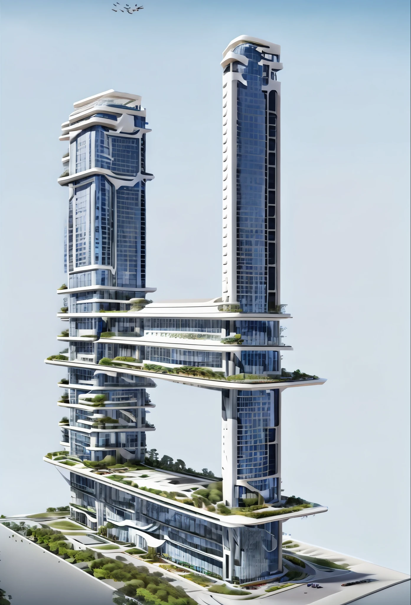 building designed by Zaha Hadid, a futuristic building, a modern building, sidewalks around the building, blue sky, hanging gardens, the hanging gardens of Babylon, sustainability, future technology,  masterpiece, art, better resolution