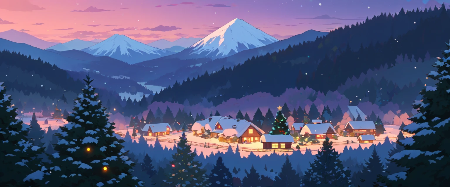 Christmas vibes ultrawide ,cozy ,lofi ,landscape ,forest ,mountain