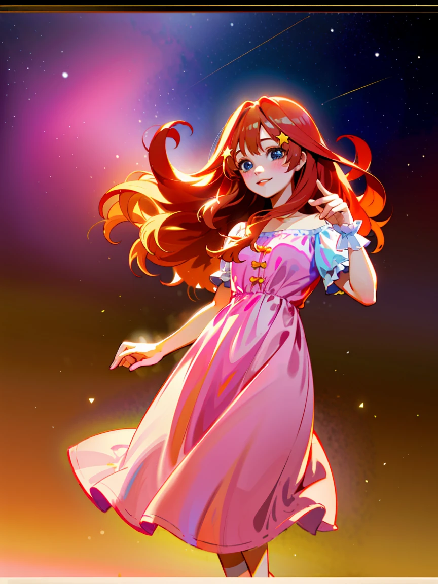 (best quality)), ((masterpiece)), (detailed), perfect face, 1girl, nakano itsuki, smiling, whimsical, triad color pallette, hugging knees, looking at viewer, pink water droplets, smiling, flat colouring, full body, blank space on the left, fluffy red hair, star hairclips, best quality, ultra high res, (photorealistic:1.4), blush, red lips, filme fotografia de stock ,4 Kodak Portra 400 ,camera f1.6 lentes ,cores ricas ,hyper realistic ,textura realista, dramatic lighting , cinestill 800, long wavy hair beautiful, masterpiece, best quality, anime disney style, stars, dancing among shooting stars