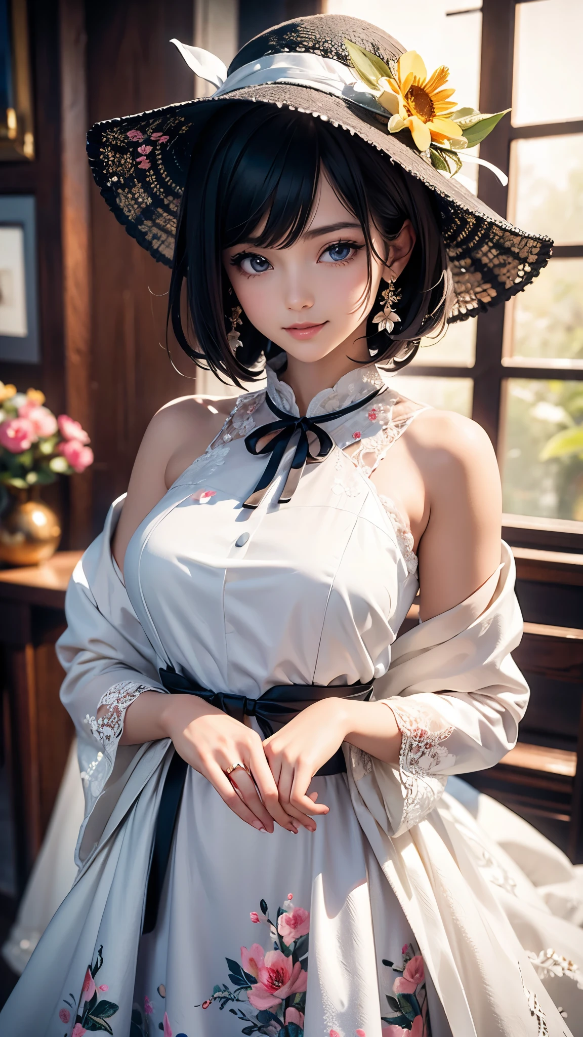 (( best quality)),( ultra high resolution),( super detailed),( detailed description ),(( best CG )),(masterpiece), Highly Detailed Art ,( Art with Precise Details:1.5), (woman:1.7),( gentle smile:1.4),( dress:1.6),(Flower Hat:1.5, Long ribbon:1.4),Unrefreshing Colors :1.7, Sunny Prairie :1.7