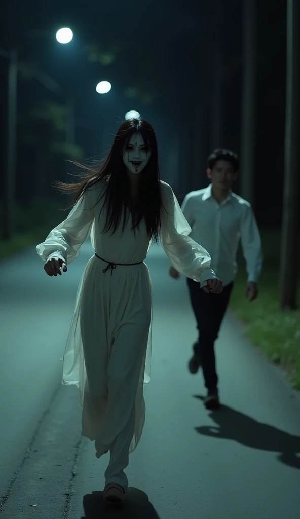 arafed woman in white dress running with a man in black mask, scaring, people running in fear, horror dramatic moment, uncanny and scary atmosphere, scary ghost, scary picture, phantom ghosts in the background, scary atmosphere, screaming with fear, horror movie scene, behind her is a scary atmosphere, scary photo, ghost mask, spooked, very scary photo