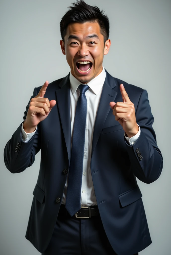 A japanese male in a business suit with an angry face full of emotion. Pointing and shouting at the viewer