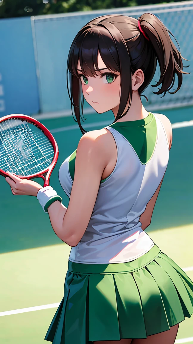 ((masterpiece)), accurate, textured skin, ((super detail)), high quality, high details, highres, best quality, A female tennis player stands confidently on a tennis court, dressed in modern, stylish tennis wear—a sleeveless top and a pleated skirt in white with subtle accents of bright colors. Her long, black hair is intricately braided into a complex yet elegant style that cascades down her back. She holds a tennis racket firmly, ready for the next move, with a focused and determined expression. The background shows a clear blue sky, a net, and green court lines, with the faint silhouette of a stadium in the distance.