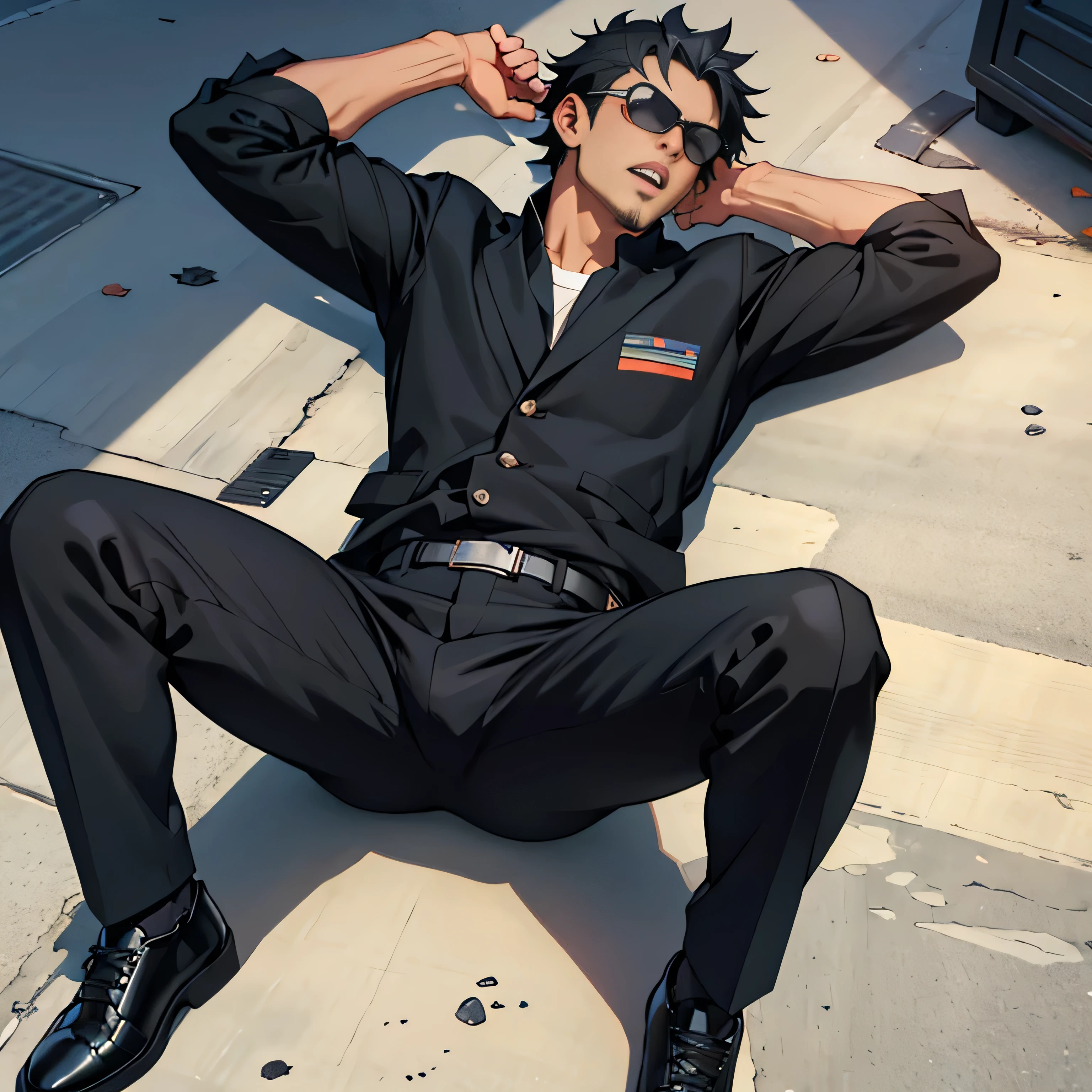 20 years old,, Simple Black Single Suit ,  lying on the ground  ,Spread your legs wider,black belt,Black socks,Black leather shoes,logic, Gay , black hair, Shorthair, thick eyebrows,Stubble, Lightly Set Your Hair with Wax , Hachiman Hachiman,Masculine,salaryman,Mob characters,Bad Actor , The crotch part of the pants is bulging, Erotic 3D Finish , 　View from above　Open your mouth wide and scream　 face up 　 black sunglasses that don't depict me　 painful face
