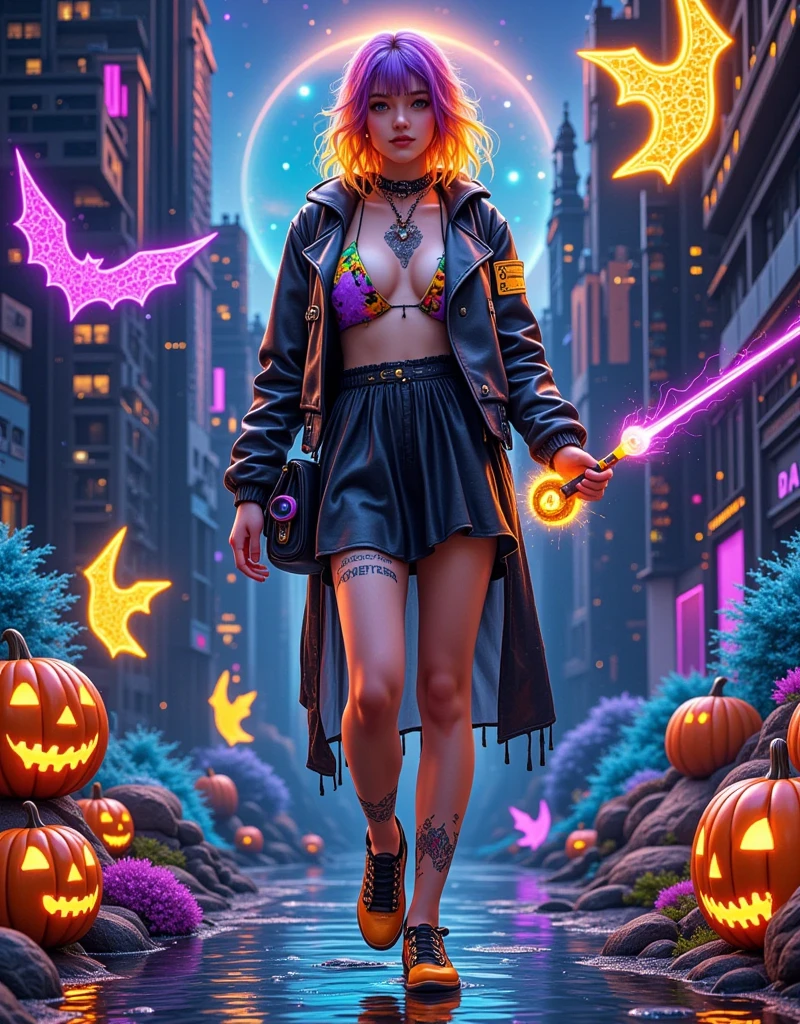  A realistic character chart with a 9x9 grid layout , presenting a consistent character ,  Cyberpunk Witch Deadly Girl .  Each square should show a different aspect of her design . Includes her striking features , with fluorescent orange or purple hair , and enhance the sharp look of the Scary Cyborg implant .  showing various variations of her costume ,  Highlight the bat wing pattern on the black leather jacket ,  with glowing magic wands Tech accessories ,  Stylish shoes with a skull clasp .  Add the bat and the scary tattoo and the glowing circuit like a witch symbol on her skin.  The background should be dark ,  A futuristic cityscape for Halloween night , full of neon lights shaped like pumpkins and ghosts ,  emphasizes the character's bold and mysterious temperament 