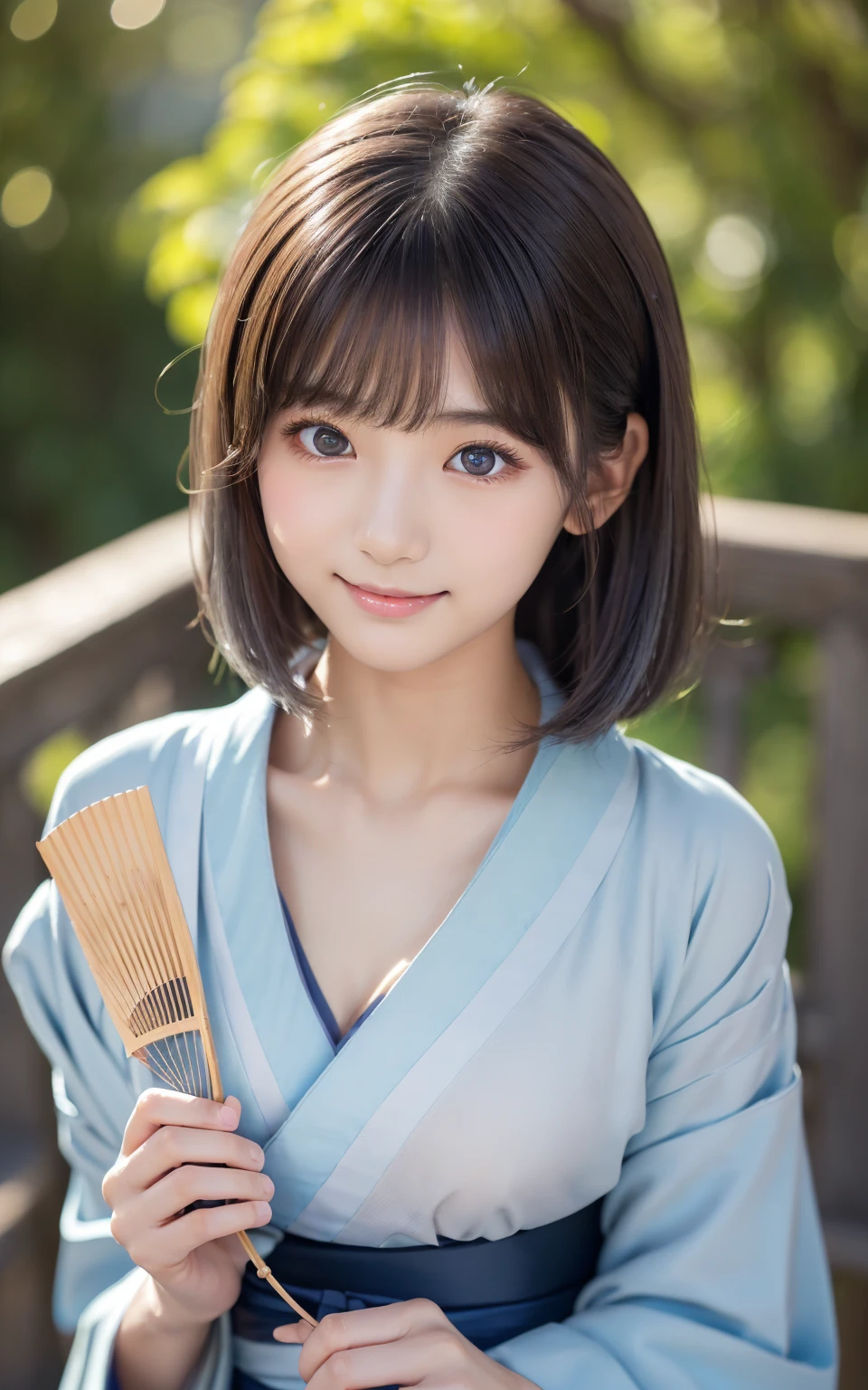  The picture is above the thigh、 best quality、 high definition 、超 high definition （Genuine：1.4）、(white and light blue kimono : 1.4)、(shrine:1.3)、18 years old、  Japanese woman with a viewing angle of、 small breasts、( Looking at Camera )、Cute round face、smile、((Shiny grey hair ))、 Looking at Camera 、Sparkling Eyes、 lips glowing with lip gloss 、 natural light、(()）、flat breasts、 small breasts、( smallerバスト:1.2)、 smallerバスト、( slim、 smaller、flat、 smaller)、thin、  delicate and sexy collarbones  、 one girl、( beautiful girl with a fan 、 delicate girl:1.3)、(18 years old:1.3)、 very beautiful eyes、( symmetrical eyes next to woman :1、 Brown Eyes 、Split bangs、(Eyes and facial details:1.0) )、Genuine実写、 Photogenic Transparency 、 detail eyes、 gradient 、Perfect Anatomical Figure 、 woman with perfect body、  highly detailed skin 、 high-definition face 、  beautiful eyes down to the smallest detail 、 background blur