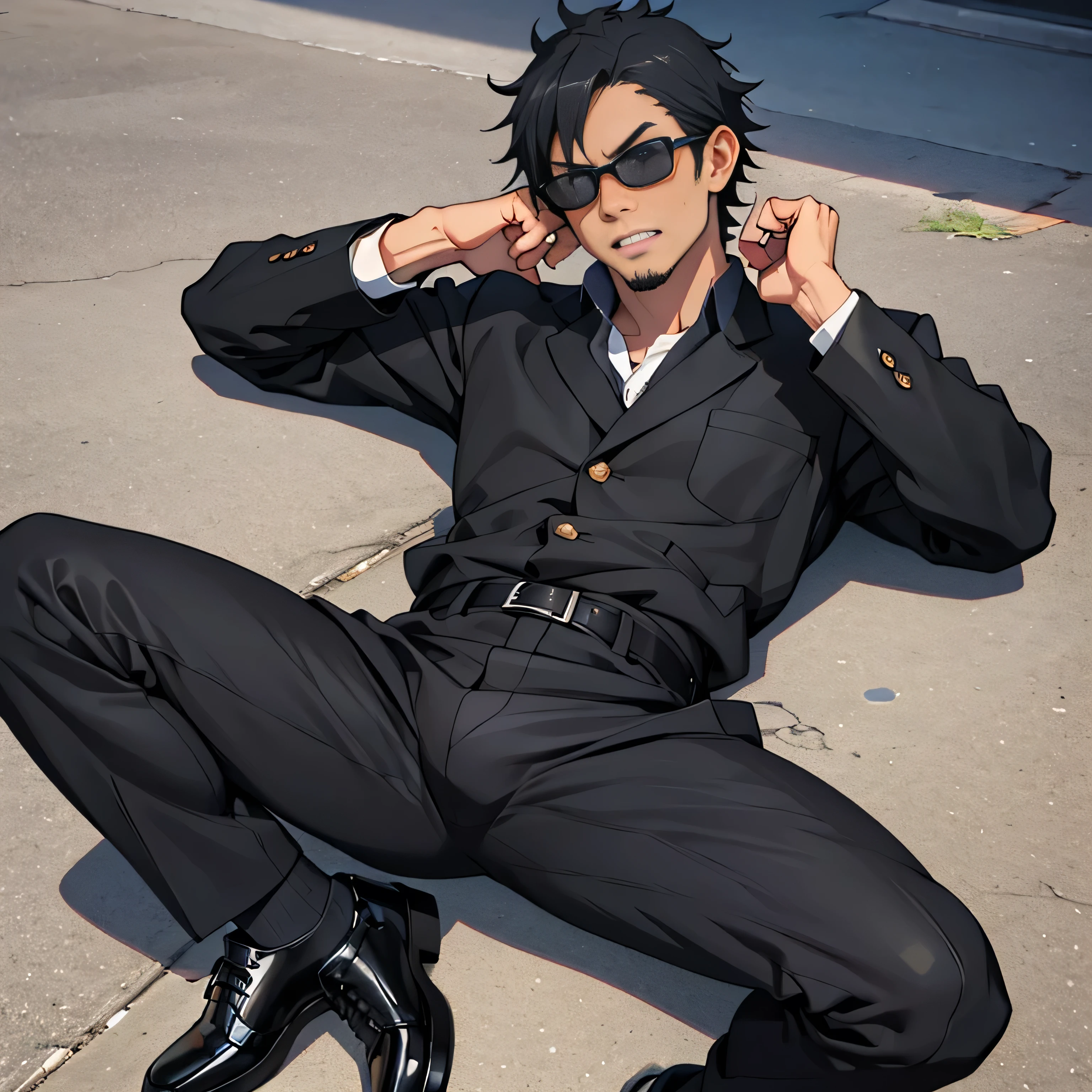 20 years old,, Simple Black Single Suit ,  lying on the ground  ,Spread your legs wider,black belt,Black socks,Black leather shoes,logic, Gay , black hair, Shorthair, thick eyebrows,Stubble, Lightly Set Your Hair with Wax , Hachiman Hachiman,Masculine,salaryman,Mob characters,Bad Actor , The crotch part of the pants is bulging, Erotic 3D Finish , 　View from above　Open your mouth wide and scream　 face up 　 black sunglasses that don't depict me　 painful face
