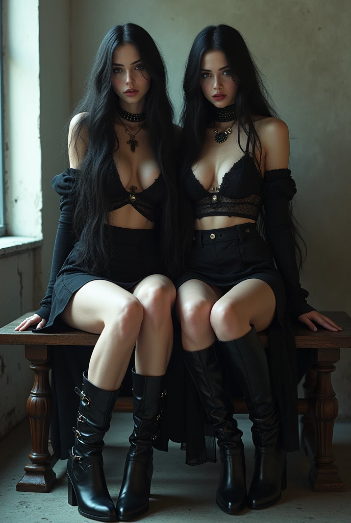 Full body photo of a Young Caucasian  goth girl, small perky teen breasts, pale skin, no tattoos, piercings, long black hair with streaks of dye, fishnets, no panties with skirt, transparent top with no bra, chains on skirt, tight pussy, seductive look and sexual touching, sexual actions and poses.