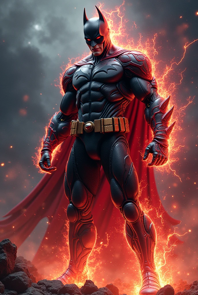 Create a hero with fire powers, purple uniform with black details and a red cape  