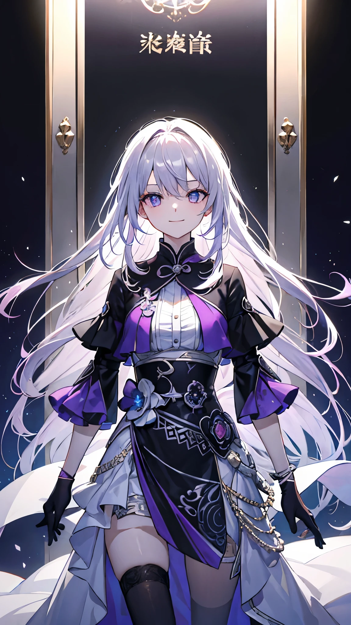 Standing confidently ， hands on the waist ，（（（dramatic））），（（（fierce）））， natural light，super high resolution，fashionable， Cute Girl，Smiling， is open to the audience，Standing in front of a poster ，Fashion的衣服，Fashion，fashionable，极度的Fashion，Strenuous ，Pompous，exaggerate，极度Fashion， Strong tension，Fashion服饰，text，striking， rich in color，brightly colored，Colorful，Long hair， with white hair ，The tip of the hair that gradients to purple， blue-purple eyes