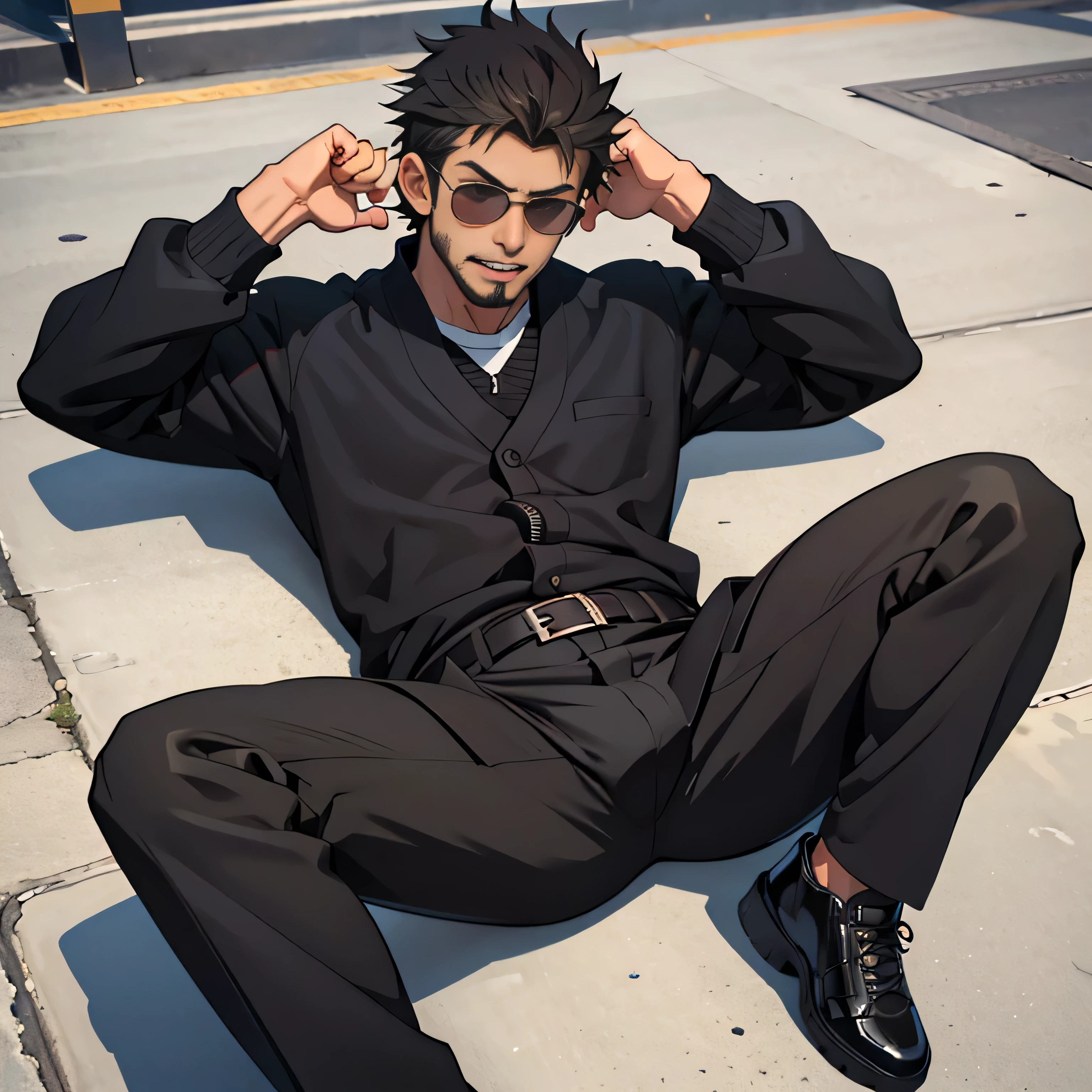 20 years old,, Simple Black Single Suit ,  lying on the ground  ,Spread your legs wider,black belt,Black socks,Black leather shoes,logic, Gay ,Brown Hair, Shorthair, thick eyebrows,Stubble, Lightly Set Your Hair with Wax , Hachiman Hachiman,Masculine,salaryman,Mob characters,Bad Actor , The crotch part of the pants is bulging, Erotic 3D Finish , 　View from above　Open your mouth wide and scream　 face up 　 black sunglasses that don't depict me　 painful face