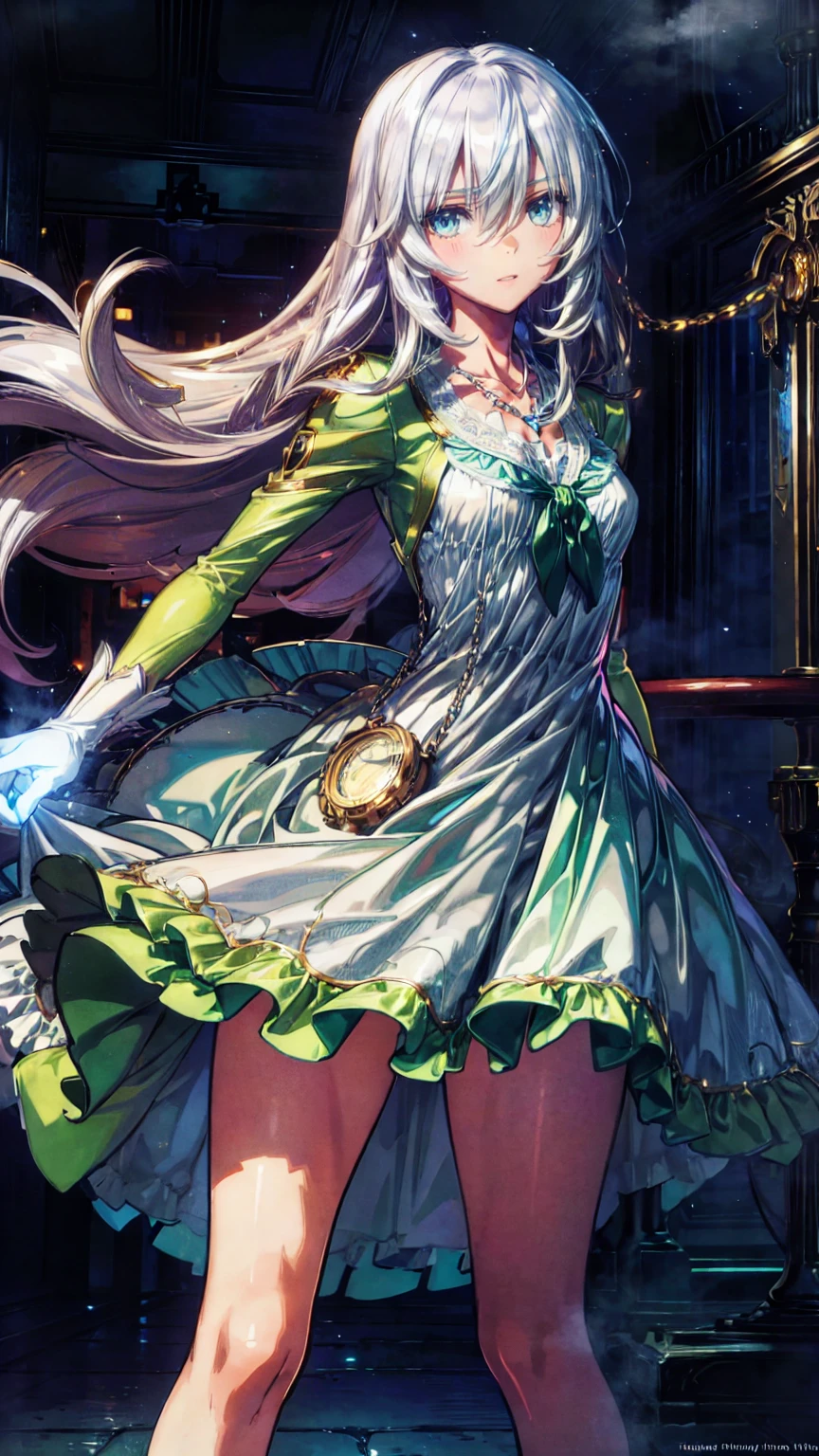 , Composition from head to toe,  full body view,(masterpiece:1.2), ( best quality:1.2),  ultra high resolution,  super detailed, break, (( An anime girl with a pocket watch in her hand is standing)), Dreamy Beautiful Girl ,  smiles lightly, ,  androgenic charm , Long Hair, ((Platinum Hair)),  messy hair, Small and soft breasts,Slender body,  small ass , Small green eyes, Detailed and Beautiful Eyes , well-made irises and eyes , 's expressive eyes ,  Beautifully Detailed Lips ,  high-resolution, detailed hair , Perfect Eyes,  perfect face,  super dense skin ,  Full Finger , perfect lighting, break, ((Light green necklace)), (( white dress:1.3)), Light green tie, Sparkling Sapphire, Lady, Wear white gloves, break, (Steampunk), Castle Balcony , Skyscraper, Night view, gear, pipe, (Steam spewing out from pipes:1.2),  fantasy, break, (( facing the front:1.3)), break,  digital animation art  , anime style illustration , animated illustration 
