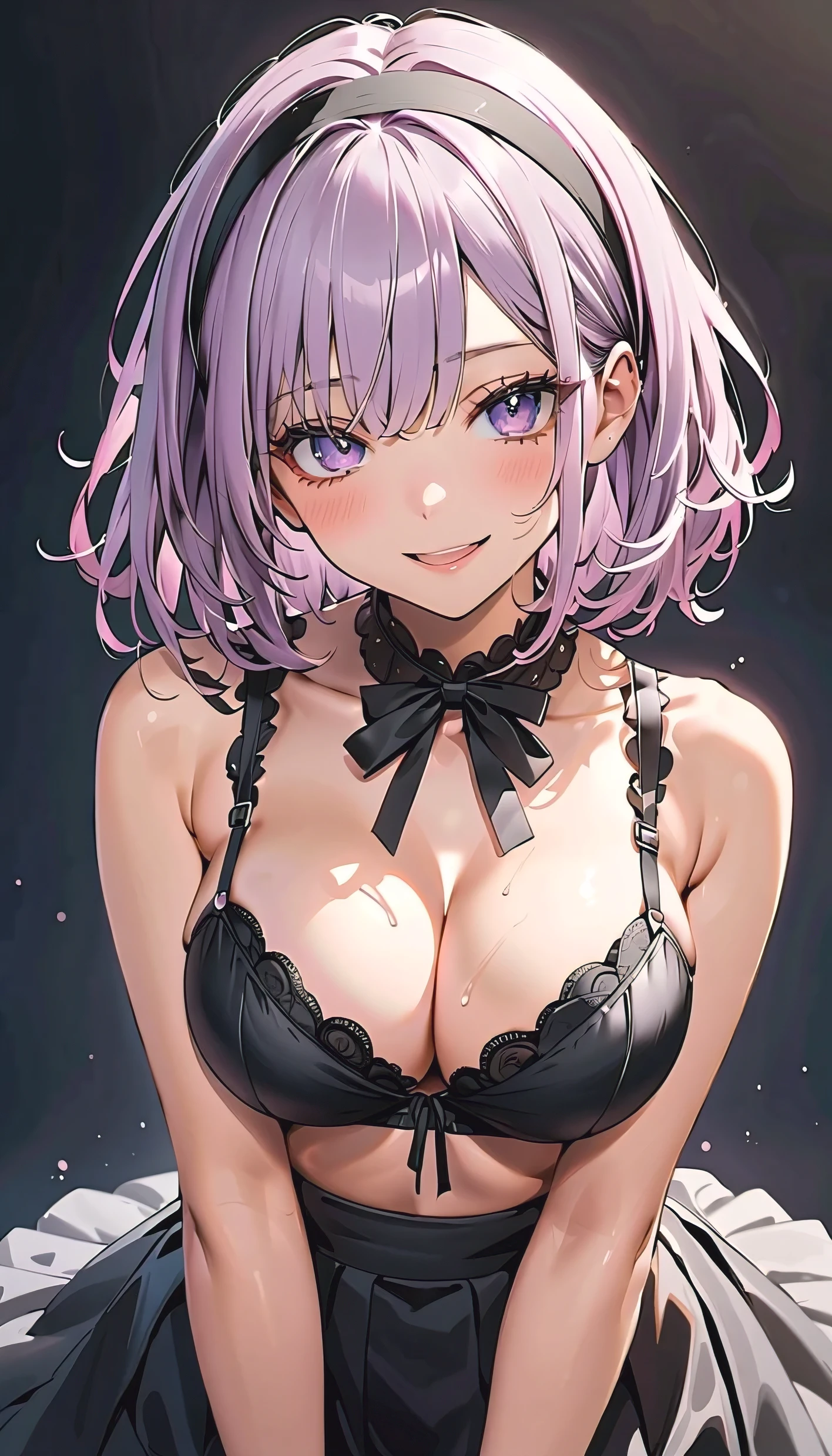 an anime woman in black dress and suspender belt with a cell phone, 1girl, shidare hotaru, breasts, solo, blush, high-waist skirt, purple hair, between breasts, large breasts, hairband, bra, open mouth, underwear, skirt, short hair, ringed eyes, smile, looking at viewer, sweat, nail polish, purple bra, flower, cleavage