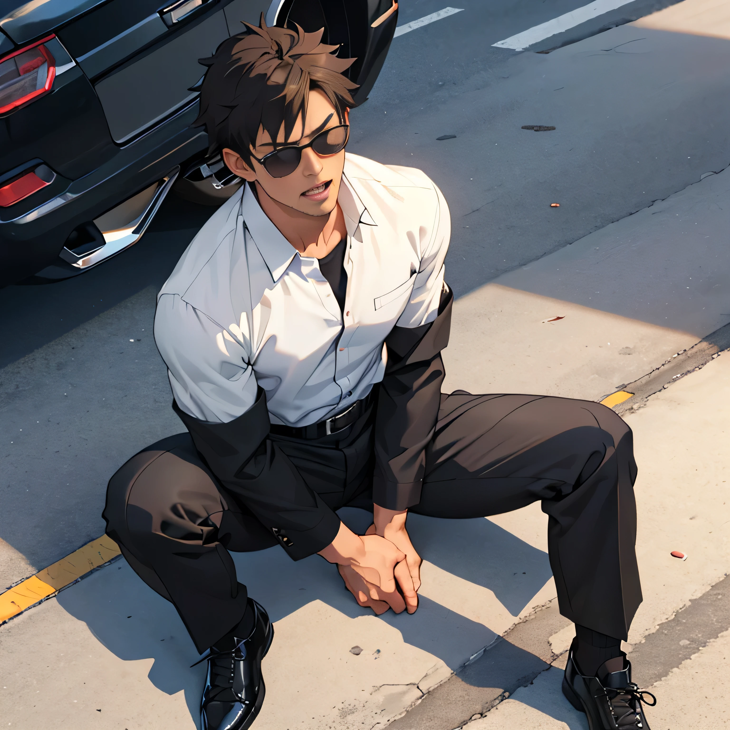 20 years old,, Simple Black Single Suit ,  lying on the ground  ,Spread your legs wider,black belt,Black socks,Black leather shoes,logic, Gay ,Brown Hair, Shorthair, thick eyebrows,Stubble, Lightly Set Your Hair with Wax , Hachiman Hachiman,Masculine,salaryman,Mob characters,Bad Actor , The crotch part of the pants is bulging, Erotic 3D Finish , 　View from above　Open your mouth wide and scream　 face up 　 black sunglasses that don't depict me　 painful face