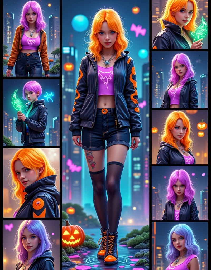  A realistic character chart with a 9x9 grid layout , presenting a consistent character ,  Cyberpunk Witch Deadly Girl .  Each square should show a different aspect of her design . Includes her striking features , with fluorescent orange or purple hair , and enhance the sharp look of the Scary Cyborg implant .  showing various variations of her costume ,  Highlight the bat wing pattern on the black leather jacket ,  with glowing magic wands Tech accessories ,  Stylish shoes with a skull clasp .  Add the bat and the scary tattoo and the glowing circuit like a witch symbol on her skin.  The background should be dark ,  A futuristic cityscape for Halloween night , full of neon lights shaped like pumpkins and ghosts ,  emphasizes the character's bold and mysterious temperament 