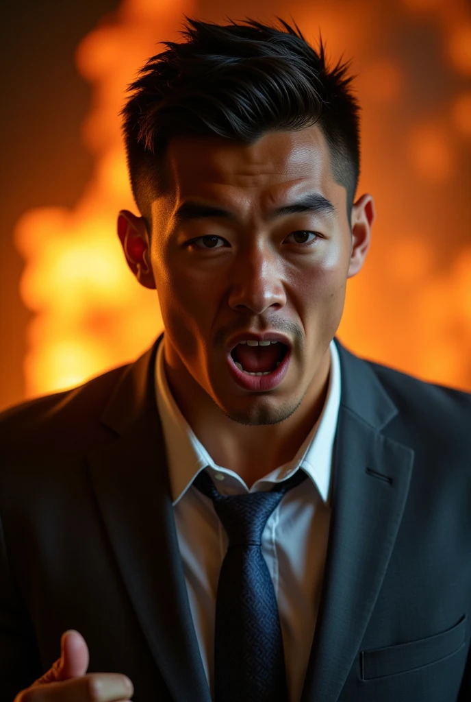 A japanese male in a business suit with stern face fiery with rage.