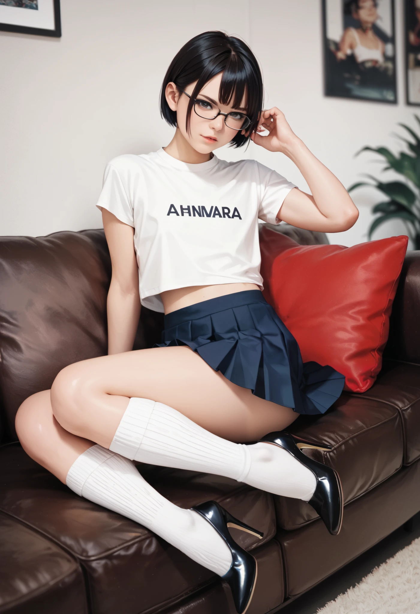 Cartoon of a girl, flat chest, glasses, short hair with bangs, cropped t-shirt, pleated skirt, knee-high socks, high heels, sitting on the couch