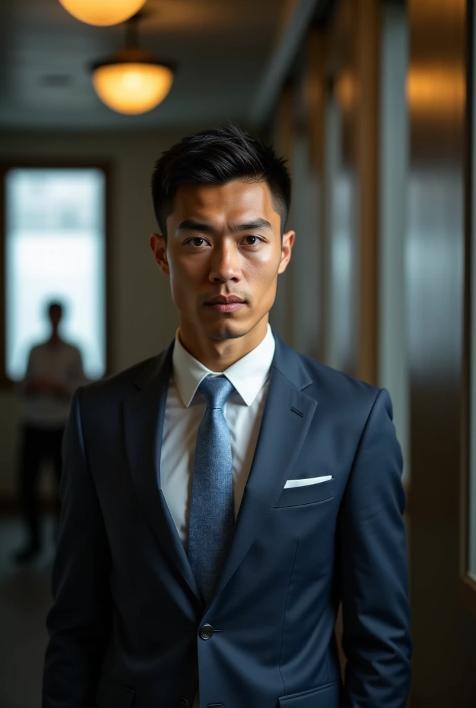 A japanese male in a business suit angry and glaring at the viewer