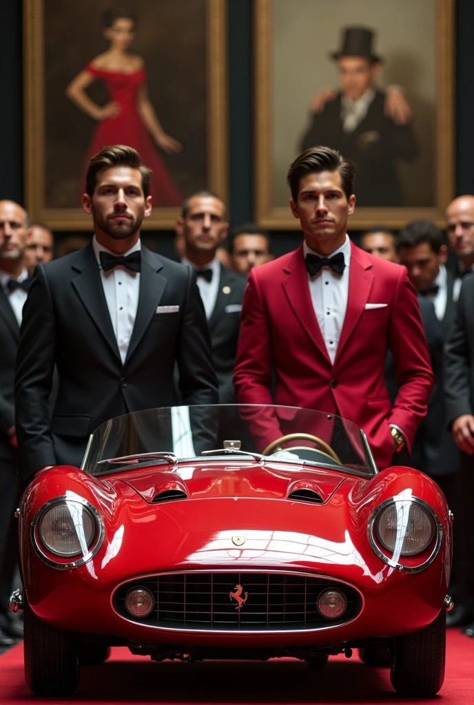 Handsome man, two-block hairstyle, dark glasses, red hair, wearing a red suit. White shirt, red tie, sports car in the background.