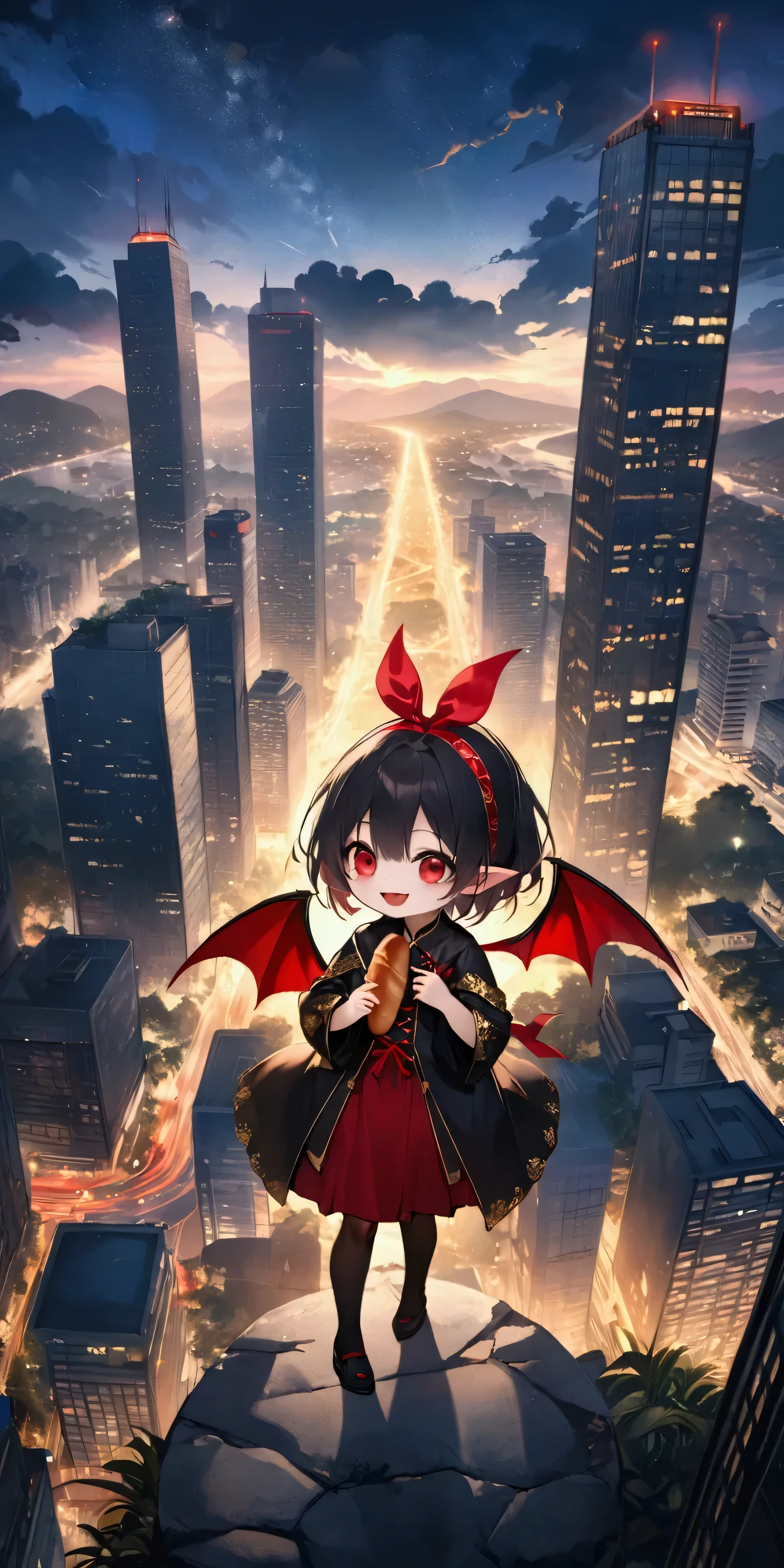 (solo:1.4),1girl\(vicomte,(chibi),cute, vampire wings, red eyes,open mouth, sharp vampire fangs, black short hair, elf ears, cute (((red ribbon))) headband, (big evil smile) cute smile,face shining, big eyes, cute expression, black short vampire robe\(gothic embroidery\), hugging (baguette bread) \),cute pose,black short vampire dress,full body, (many sparkle in eyes:1.4)\),inside,at bakery, breads displayed neatly on shelves, (from above:1.5), dutch angle, minimalist, lineless