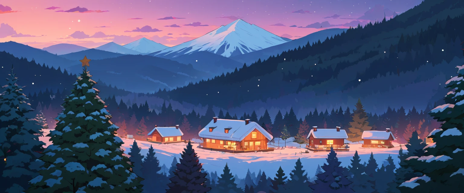 Christmas vibes ultrawide ,cozy ,lofi ,landscape ,forest ,mountain