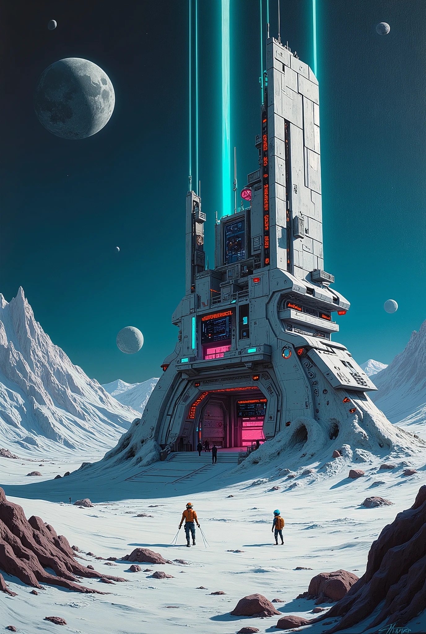 Paint a cyberpunk lunar base with acrylics。