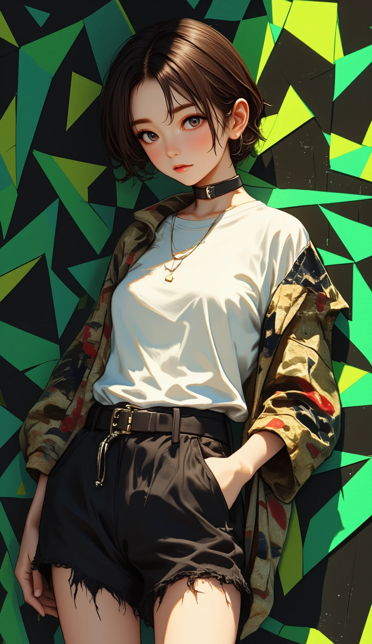  geometric pattern background :1.3、 dark color、 cute girl hair、 looking sideways、white baggy Ｔ shirt、プリント shirt、 loose clothing 、Retro、top-quality、Ultra-detailed、High quality details、green