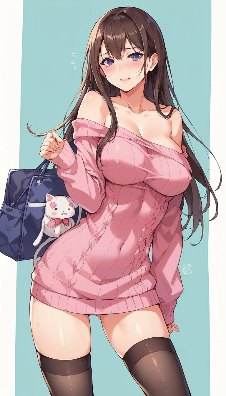 One woman in her 20s, dark brown hair, long hair, straight hair, dark purple eyes, large breasts, embarrassed, blush, Dark pink Off-the-shoulder long sweater, Thigh-length stockings, Short boots, Checked tote bag, anatomically correct, masterpiece, super detail, award winning, high details