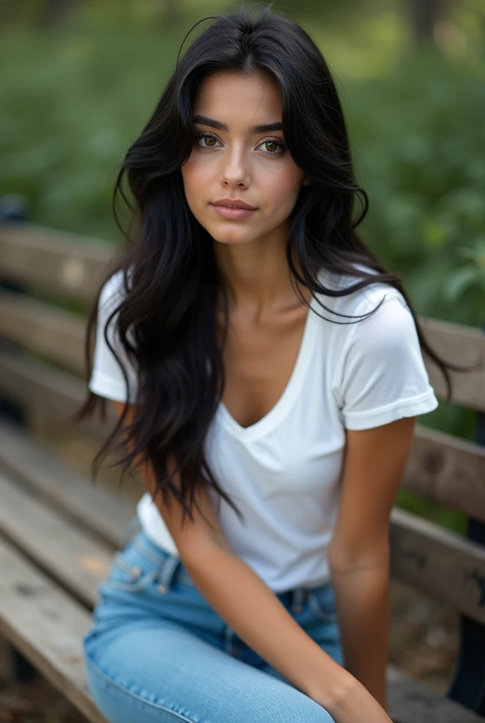 (masterpiece), (extremely intricate:1.3), (realistic), portrait of a girl with exceptionally beautiful facial feature, weight 66 KG 165 lbs (pounds), eye Color blue, hair color black, figure size 38-28-34, the most beautiful in the world, (casual outfit - jeans and a blouse), black hair flowing naturally, sitting on a bench in a sunlit park, surrounded by blooming flowers, professional photograph of a stunning woman detailed, sharp focus, soft and warm lighting, octane render unreal engine, volumetrics dtx, (film grain, blurry background, bokeh, depth of field, sunbeams, gentle breeze)