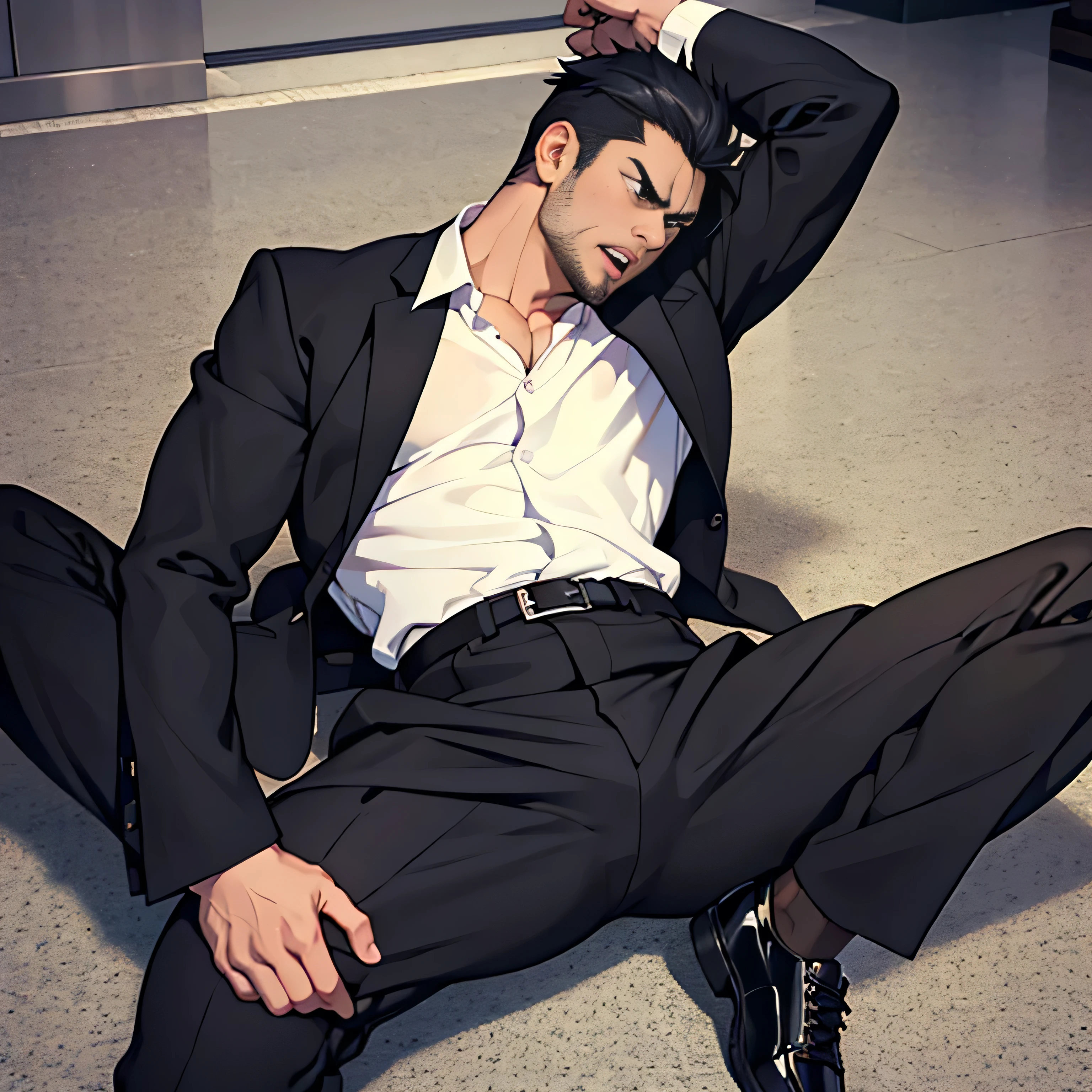 20 years old,, Simple Black Single Suit ,  lying on the ground  ,Spread your legs wider,black belt,Black socks,Black leather shoes,logic, Gay , black hair, Shorthair, thick eyebrows,Stubble, Lightly Set Your Hair with Wax ,Kakuryu Takeru,Masculine,salaryman,Mob characters,Bad Actor , The crotch part of the pants is bulging, Erotic 3D Finish , 　View from above　Open your mouth wide and scream　 face up 　　 painful face