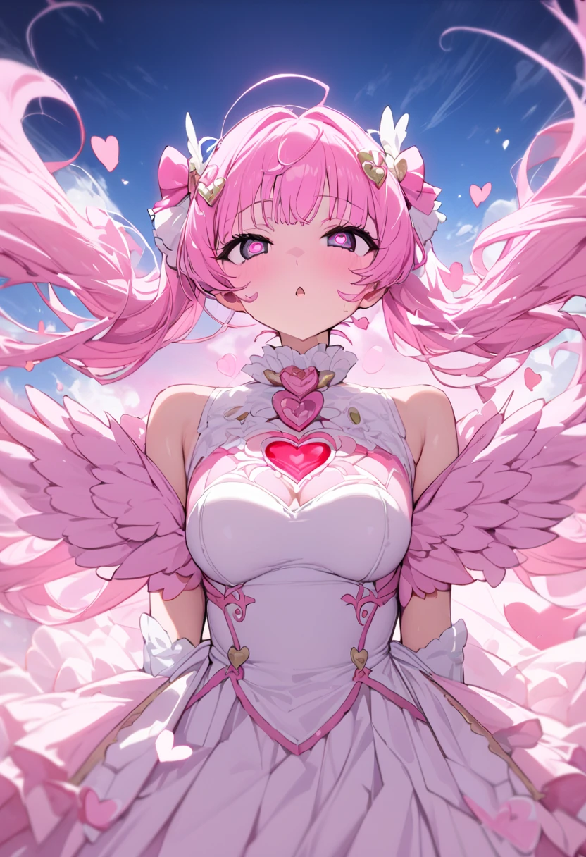 anime、((Amazingly absurd)),(masterpiece:1.2),超High resolution, Attention to detail, high quality, High resolution, 最high quality, 4K, 8k、woman,Spreading hearts,Glowing pink,Twin tails,Pink Hair,Pink Eyes,Heart-shaped pupils,angel,Hair blowing in the wind,Pink Hair,best scene,There is,円形のangelのリング,Pink