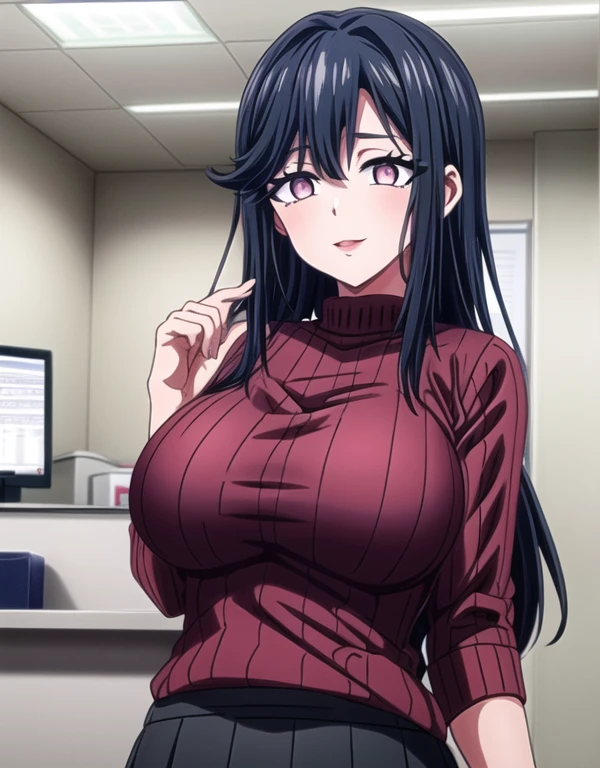 Saori_car ,long hair,Saori_car ,black hair,(Pink Eyes),A delicate smile,hair between eyes,lipstick,lips,(Sparkling red ribbed sweater:1.1),Sparkling black skirt,( Big Breasts :1.55),(Sparkling,hair),((Alone)),((masterpiece)),((  best quality)),perfect anatomy,  Slim Waist  , Perfect photo,  8K HD Streaming ,(  beautiful detailed eyes:1.5),  detailed face in pale blue underwear putting hands on the viewer's forehead,  standing ,(  upper body:1.25),(  front desk at the small clinic :1.5),  Hand Bound to Back  ,  super detailed,  absurd,ultra-highres,  office room,indoor,視聴者の額に手を当てる